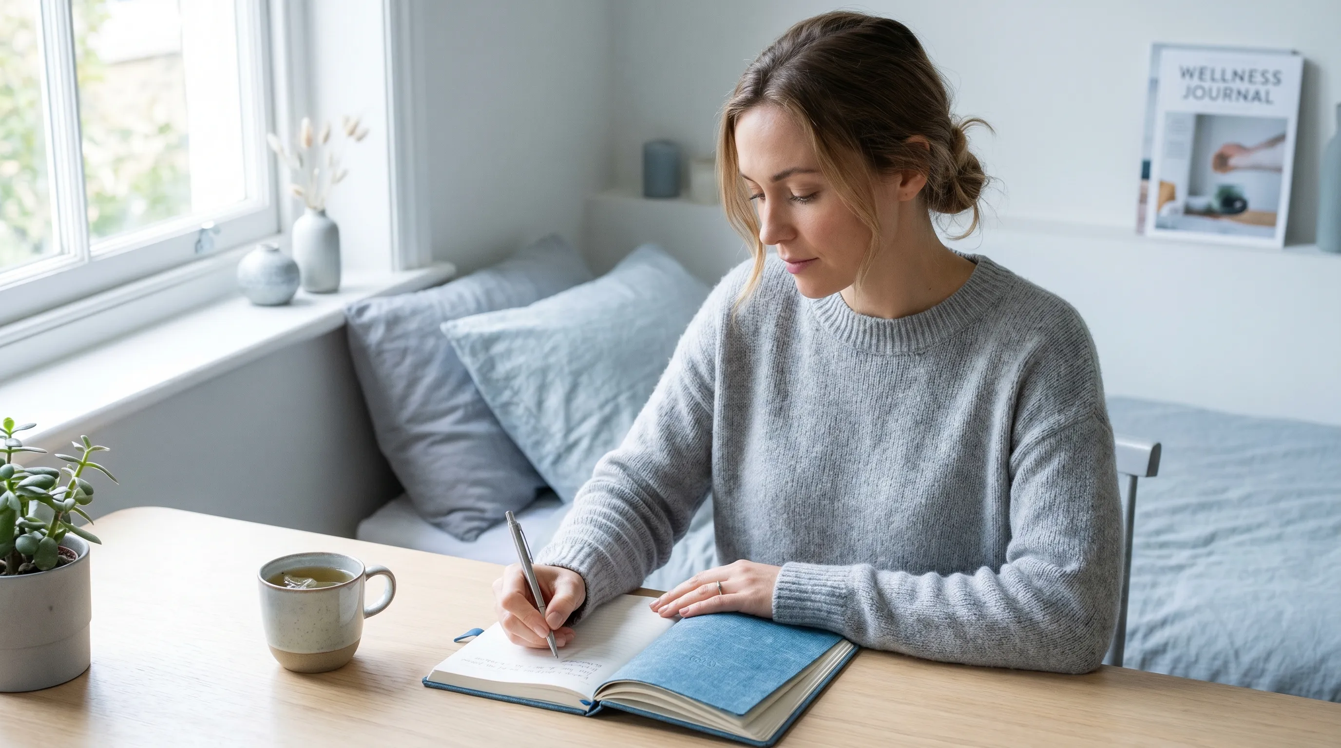A calm wellness photography scene of a woman taking a moment to record daily health observations in a modern notebook on a wooden desk with natural light, soft gray and blue tones, professional health magazine style