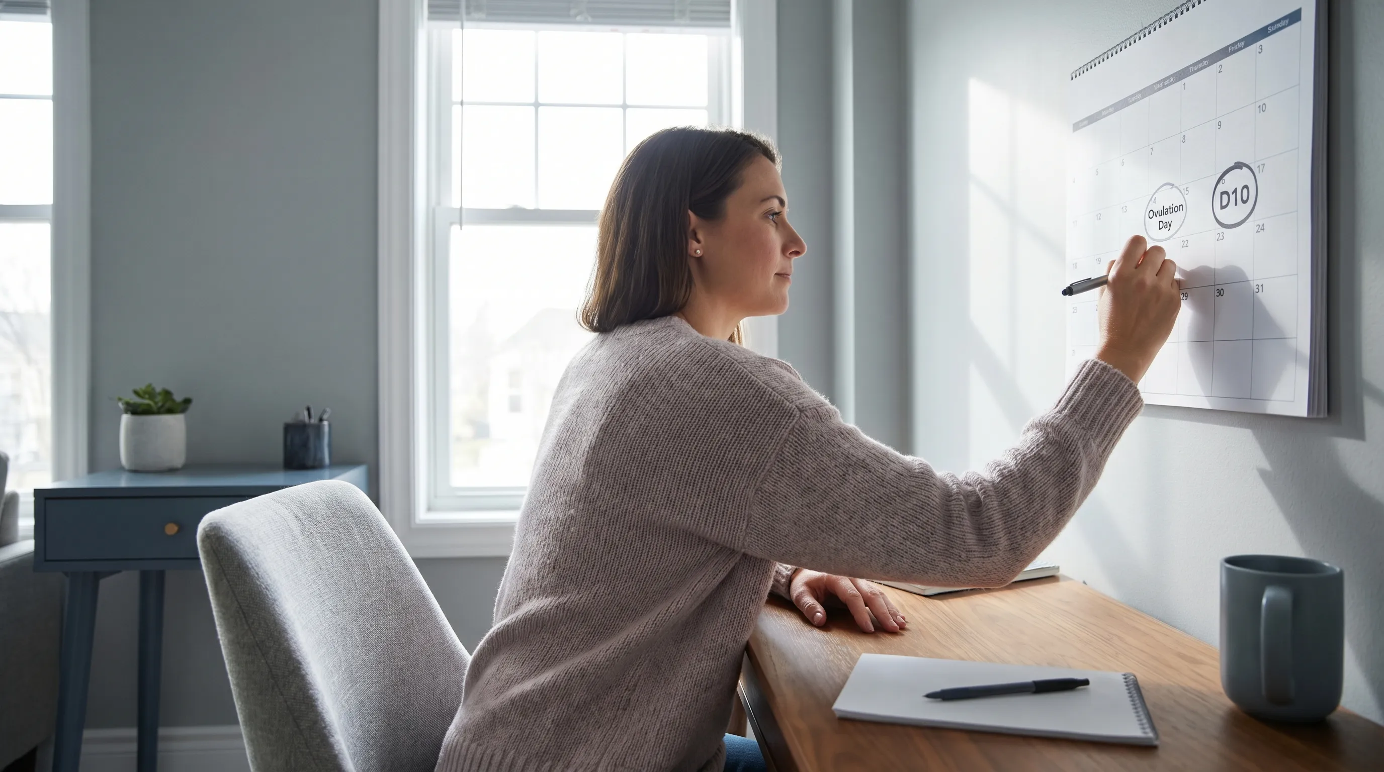 Illustration of a woman marking her ovulation day on a calendar, with day 10 past ovulation circled.