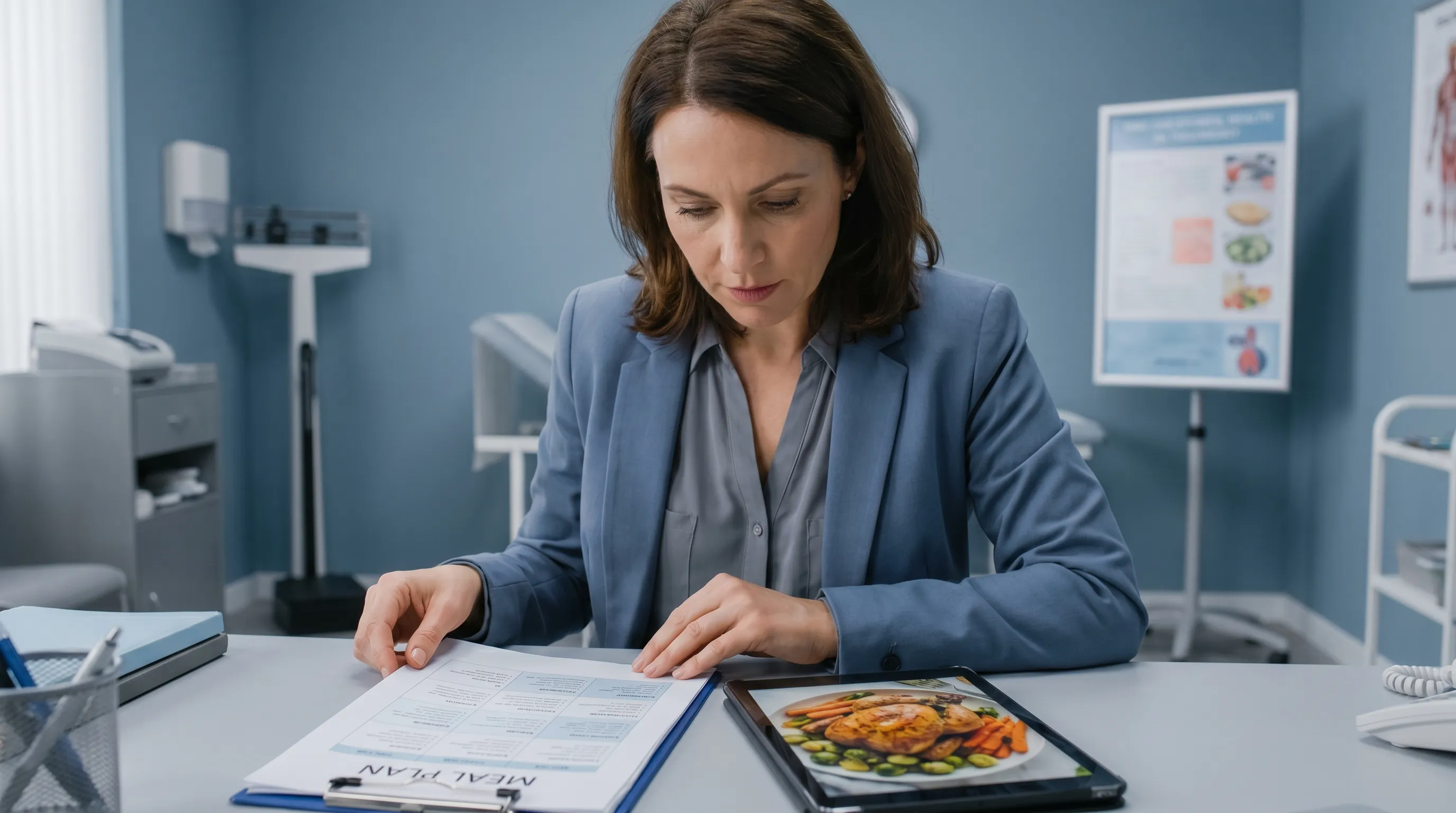 A nutritionist in a clinical setting reviewing a meal plan featuring roasted poultry and vegetables, professional lighting, muted blue and gray color palette, 16:9 ratio