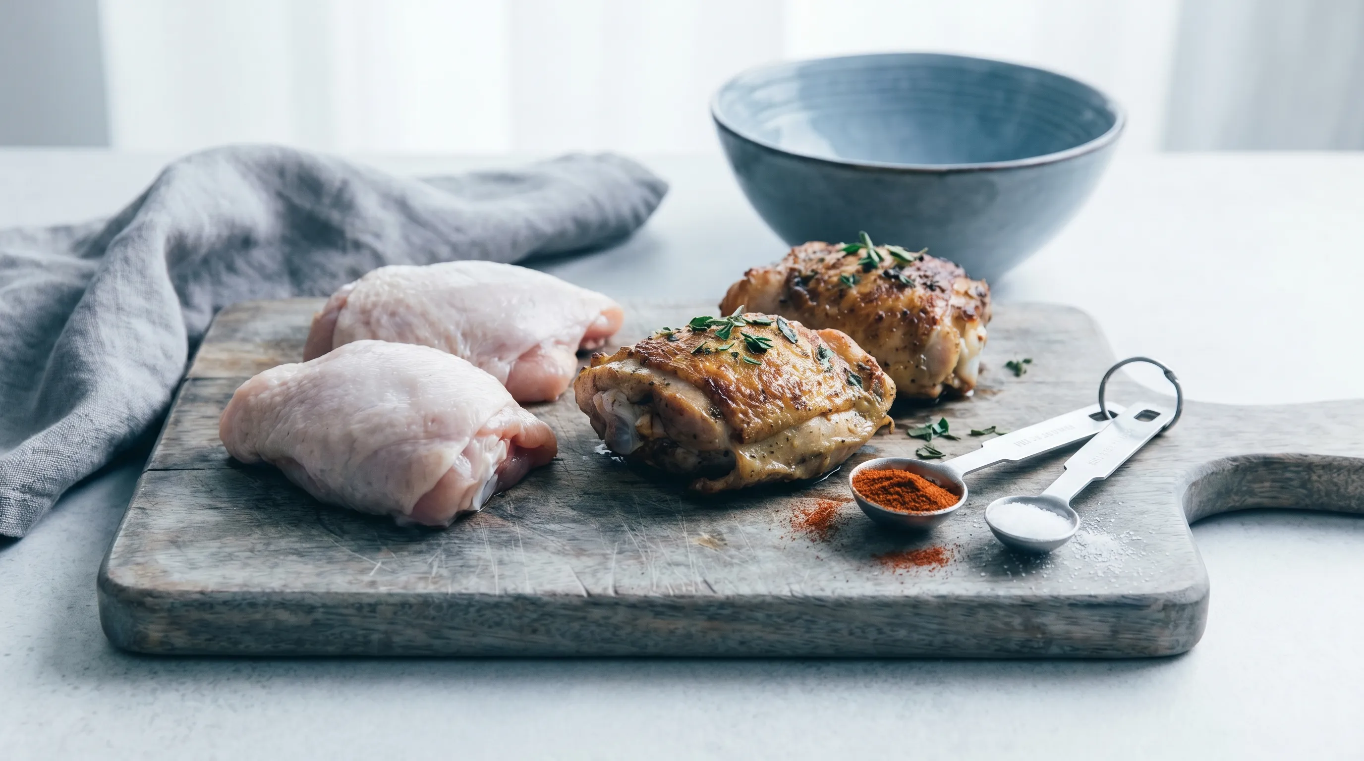 A close-up culinary setup showing raw and cooked chicken thighs on a cutting board with measuring spoons, clean kitchen aesthetic, soft shadows, cool gray and blue tones, 16:9 ratio
