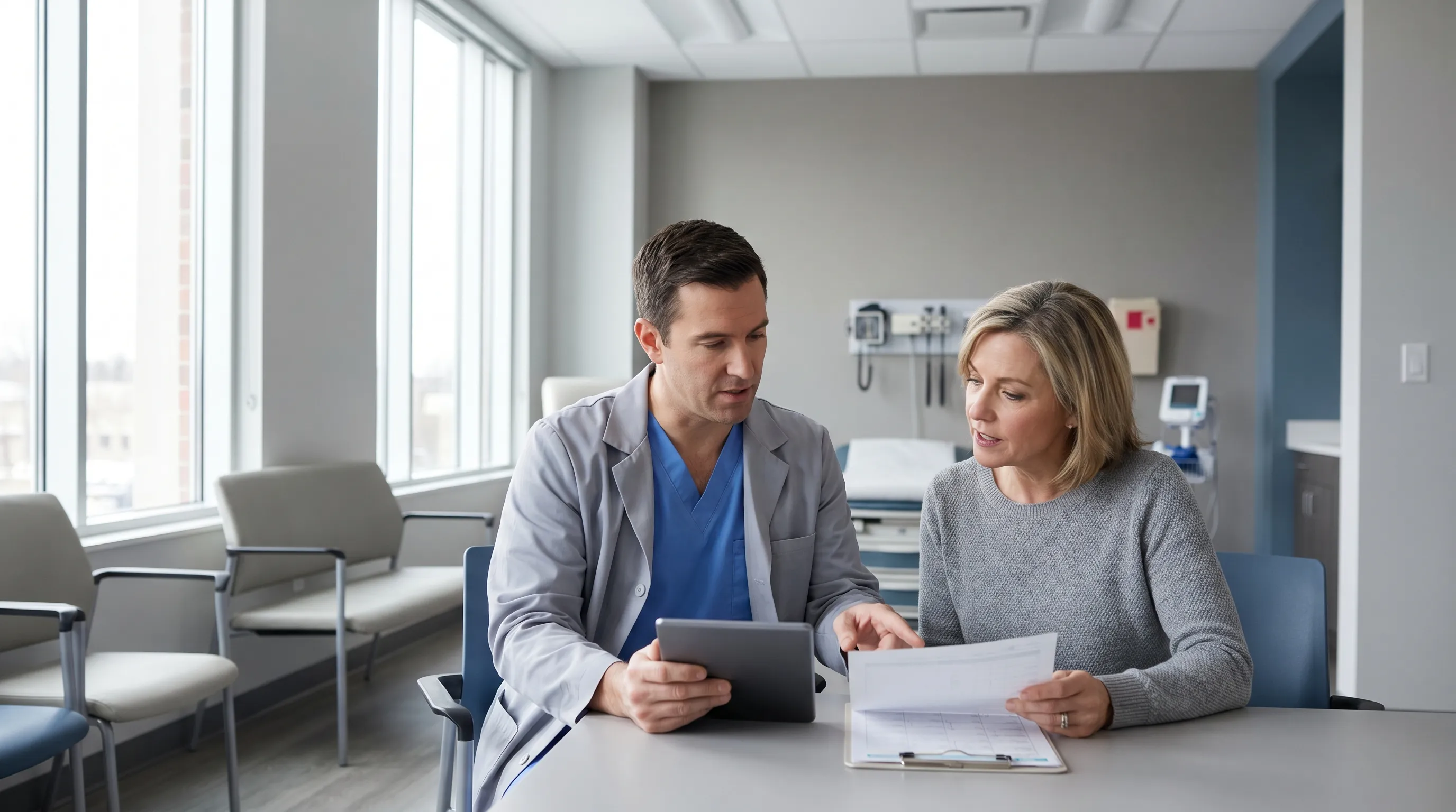 A healthcare professional reviewing a patient chart and medication schedule with a middle-aged patient in a modern clinic setting. Neutral gray and blue color palette, professional medical photography style