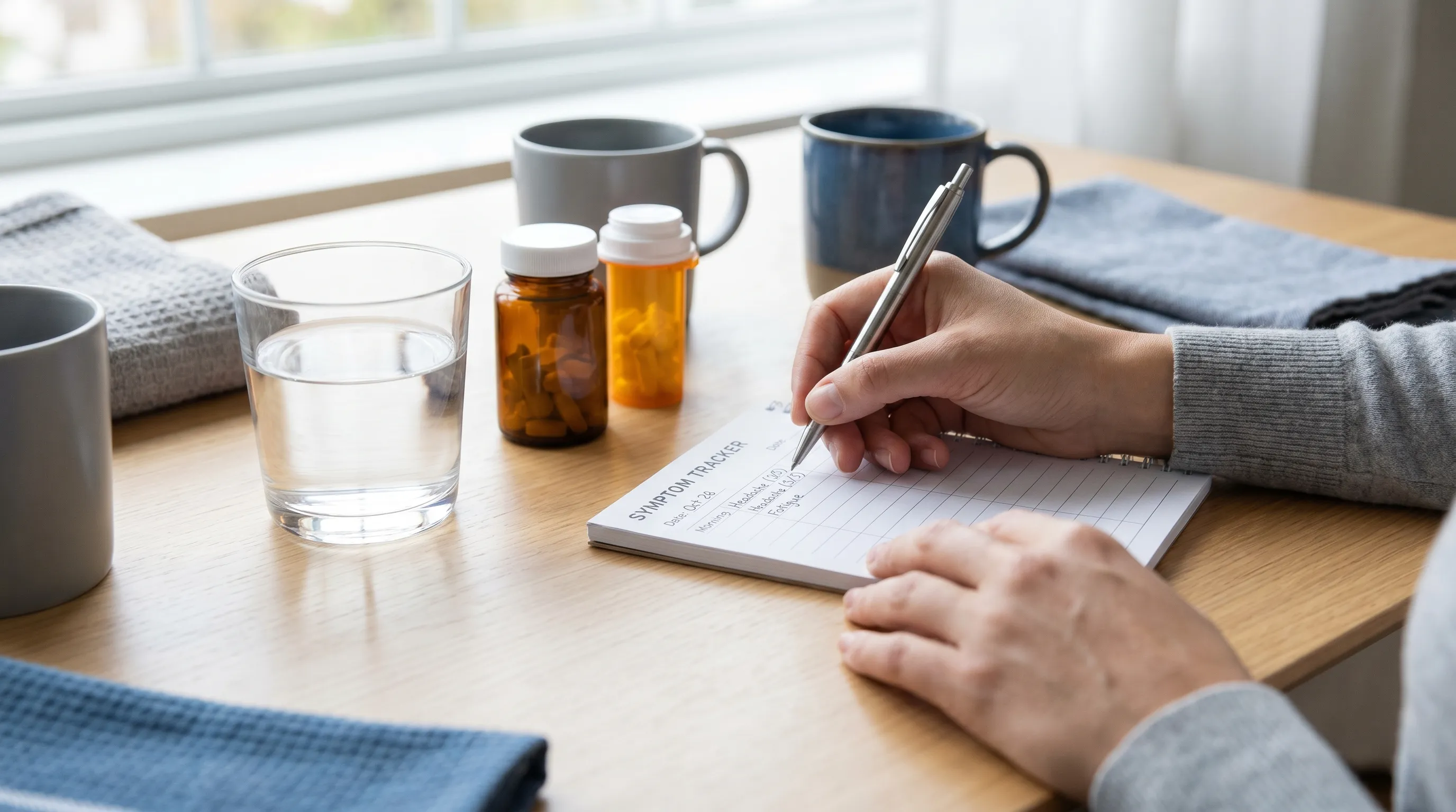 A person journaling symptom tracking in a notebook with a glass of water and medication bottles on a clean wooden table. Soft natural lighting, calm and organized environment, gray and blue tones