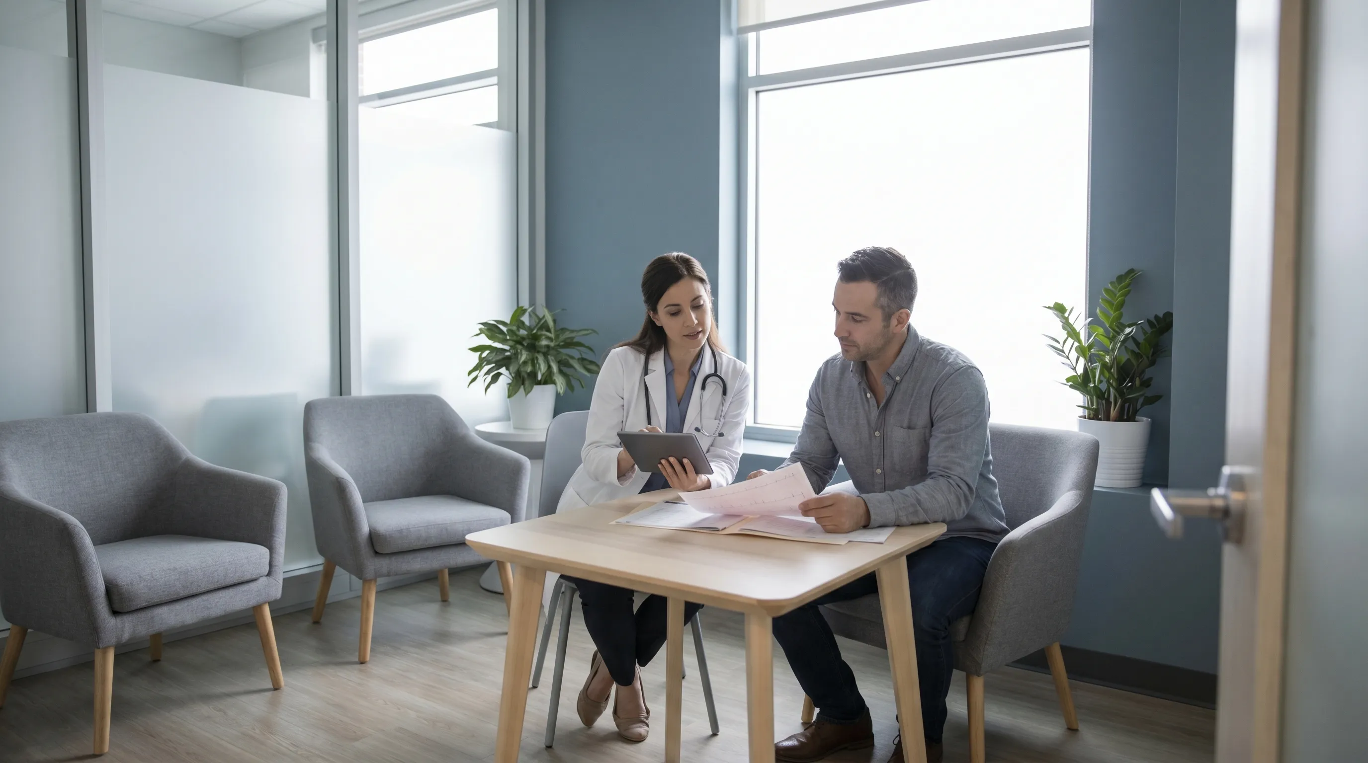 Healthcare professional discussing weight management treatment plan with patient in a modern medical clinic