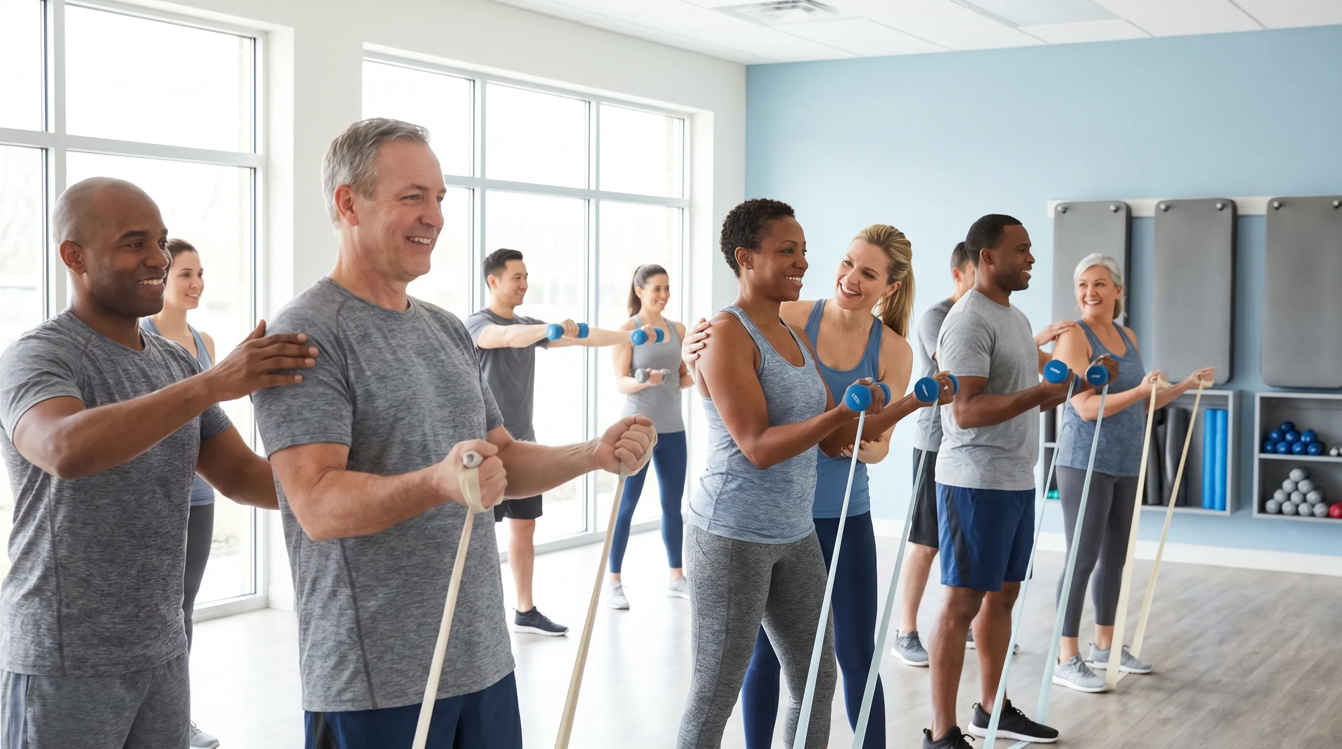 Adults performing resistance training with light weights and bands in a bright fitness studio