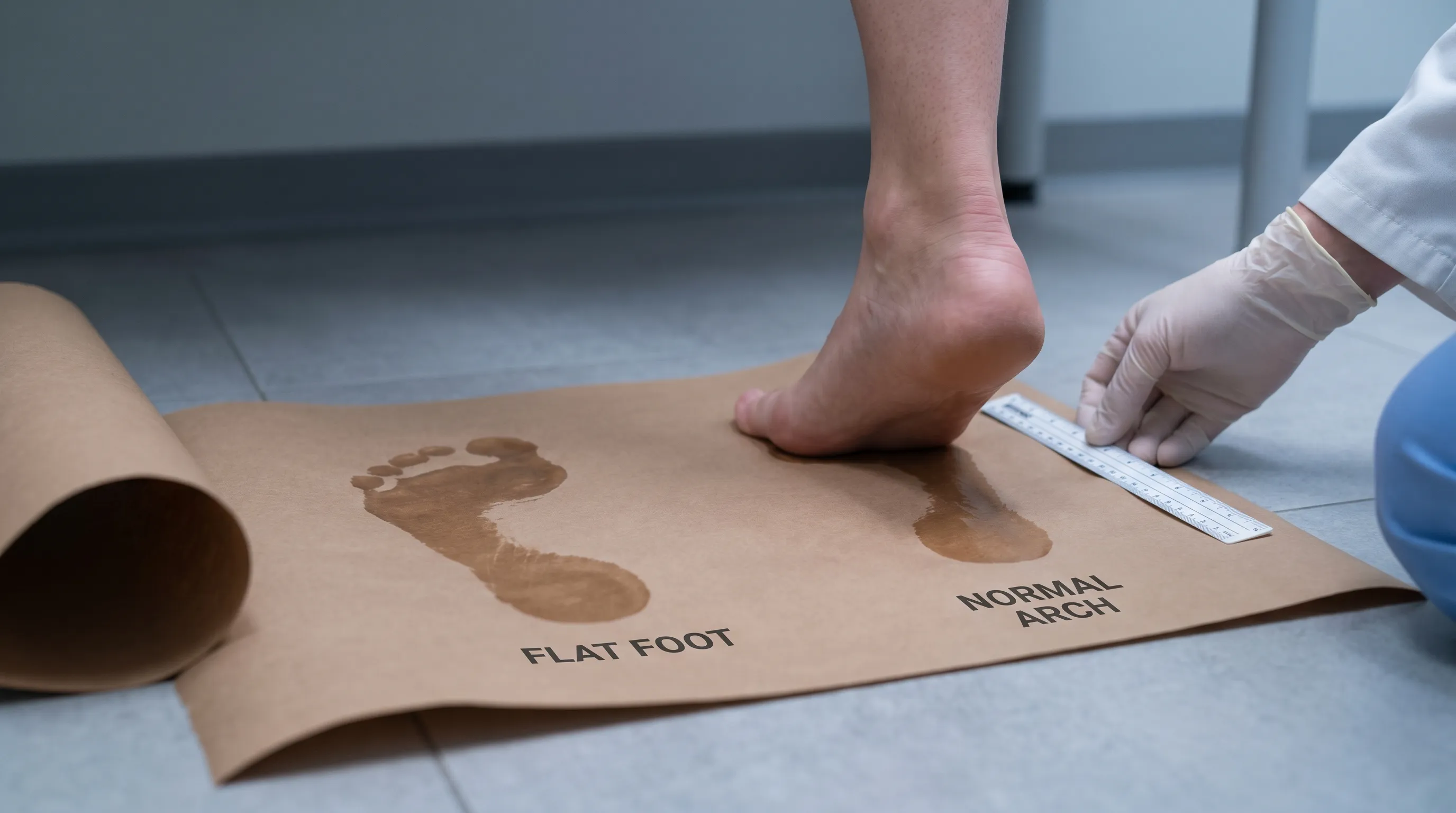 A close-up view of a person standing barefoot on a hard floor, demonstrating the standing visual inspection for arch height, with clear lighting highlighting the medial foot contour and weight distribution pattern