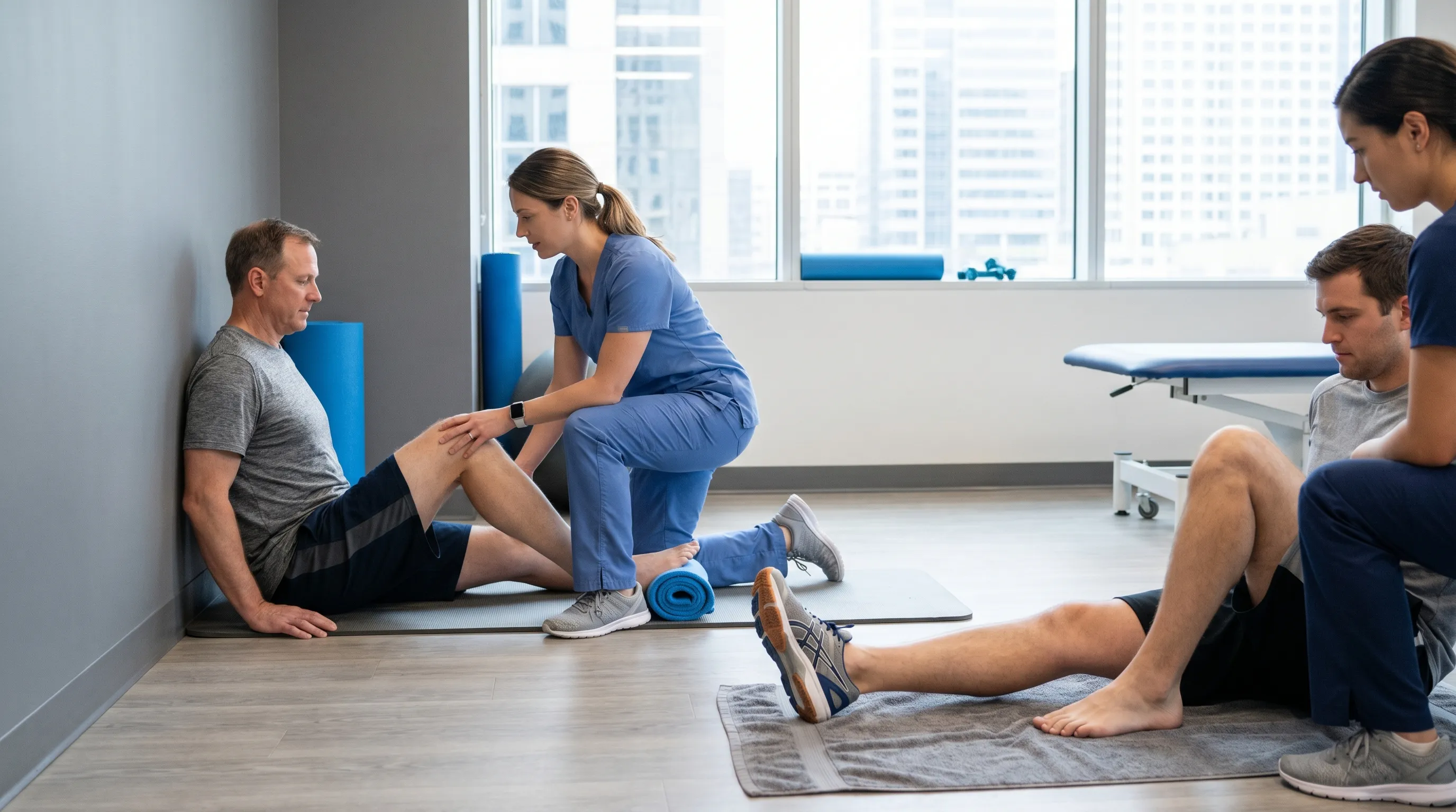A physical therapist demonstrating a calf stretch and towel curl exercise to an adult patient in a modern rehabilitation clinic, focusing on foot mechanics and supportive footwear, professional health photography, gray and blue color palette, 16:9 ratio
