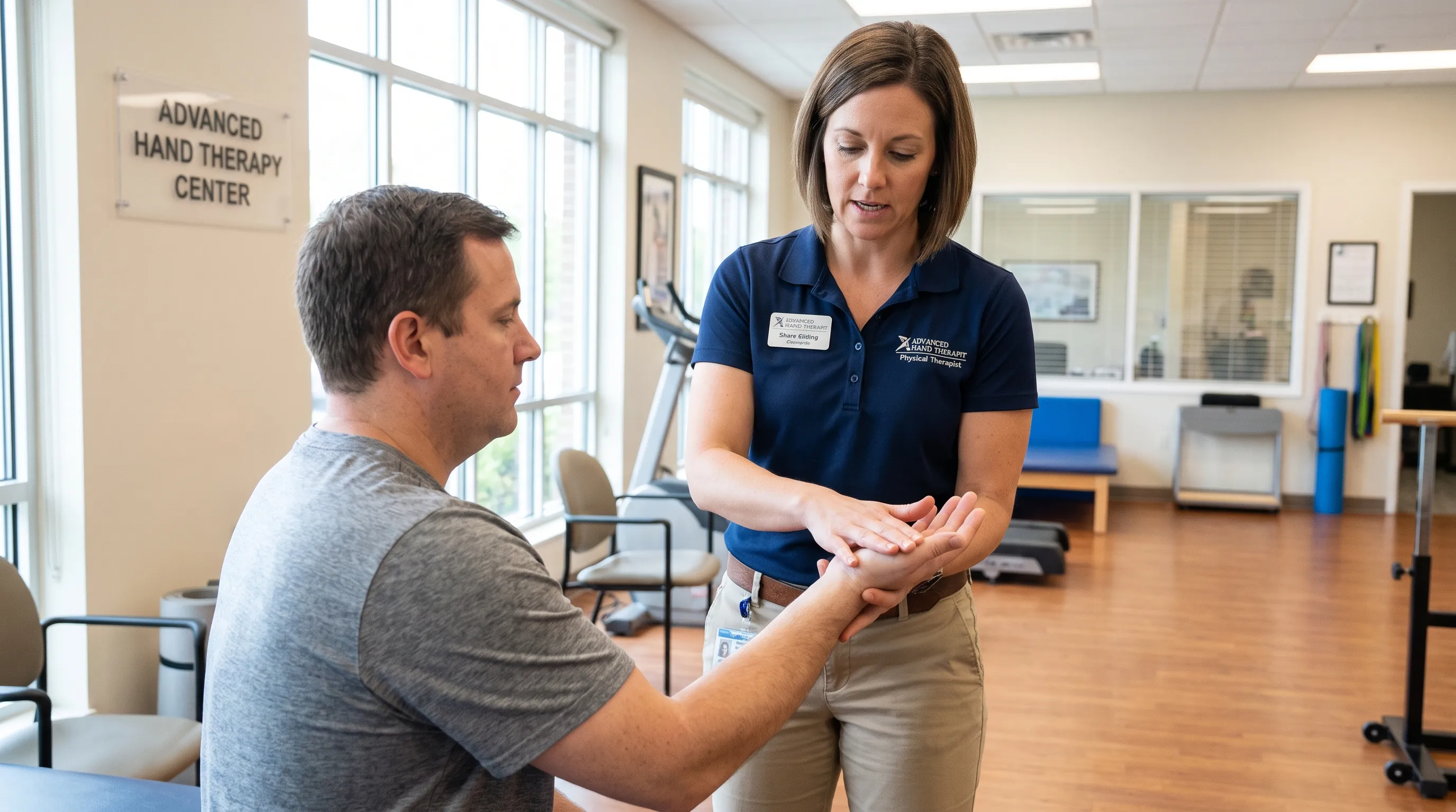 A physical therapist demonstrating wrist stabilization exercises in a clinical setting