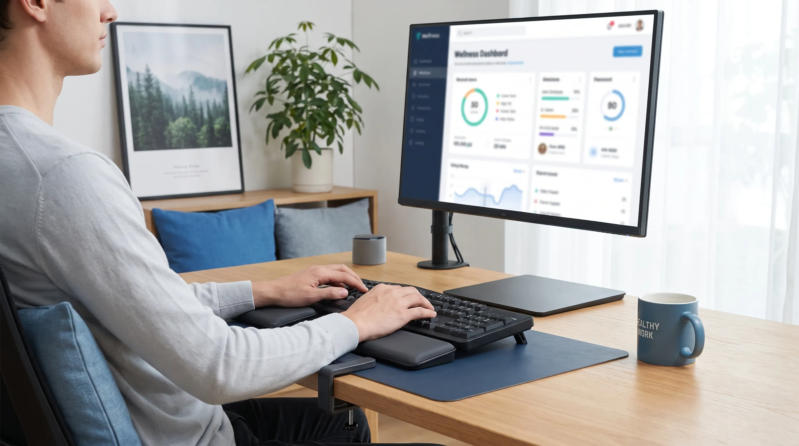 A professional workspace featuring an ergonomic keyboard and wrist support