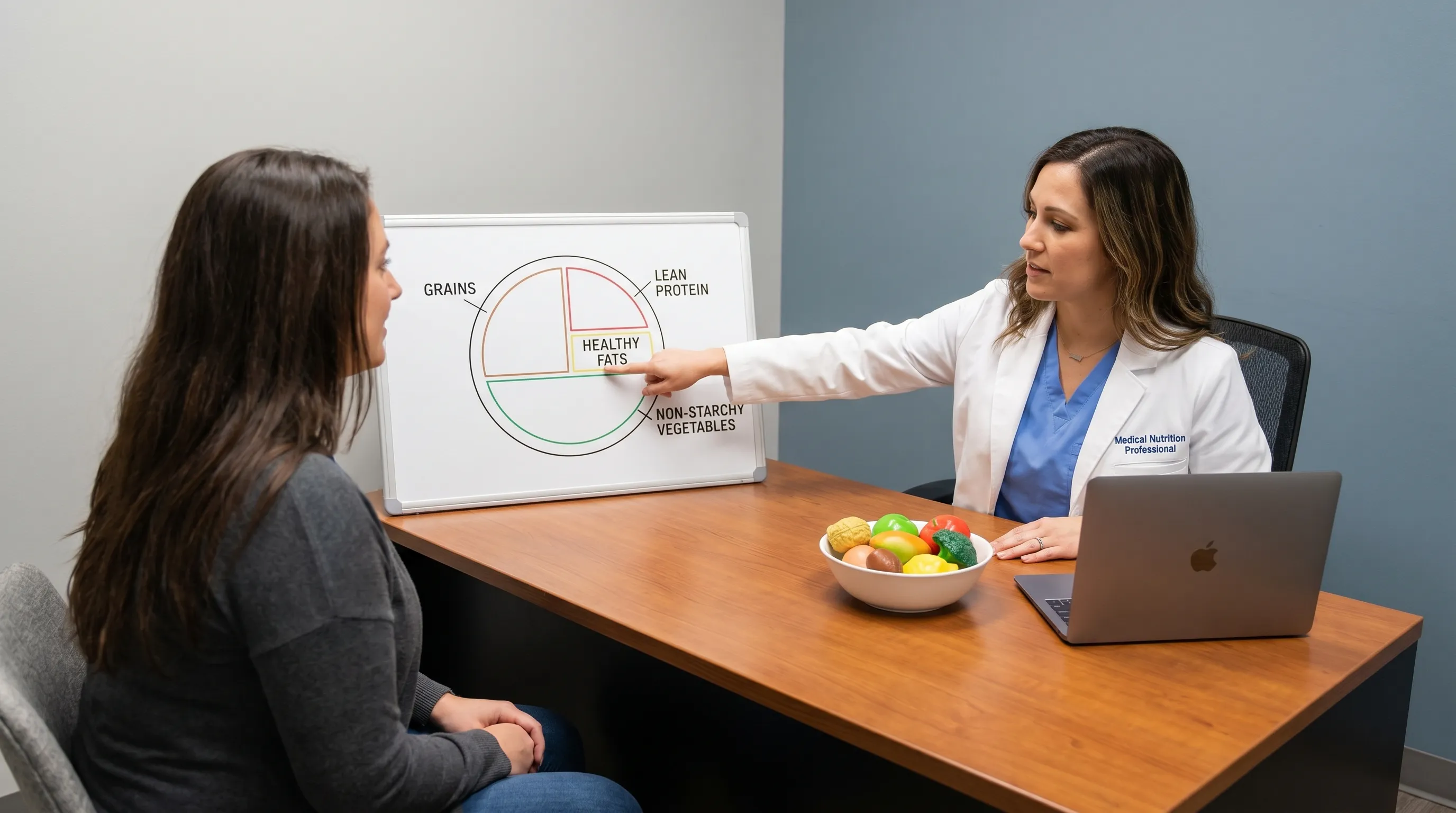 Clinical nutritionist demonstrating portion control and plate composition strategies using a meal planning board