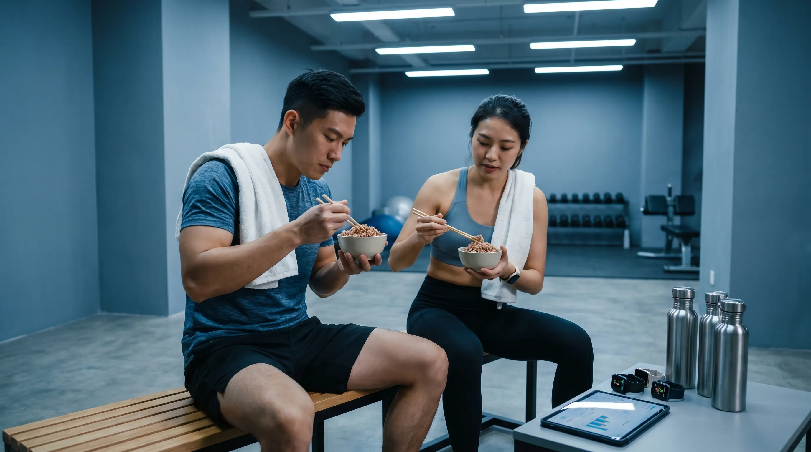 Athletes recovering post-workout with performance meals containing rice, lean protein, and hydration gear
