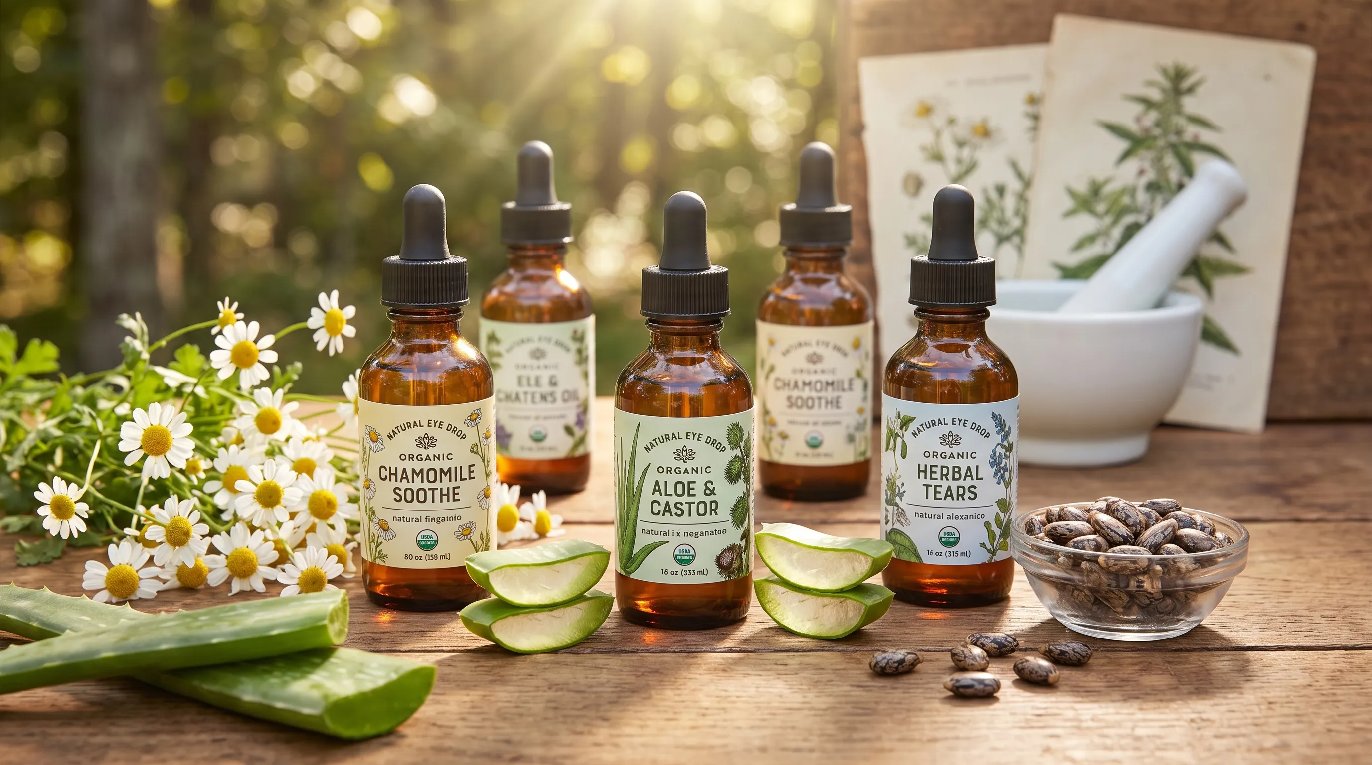 Bottles of natural eye drops with botanical ingredients.