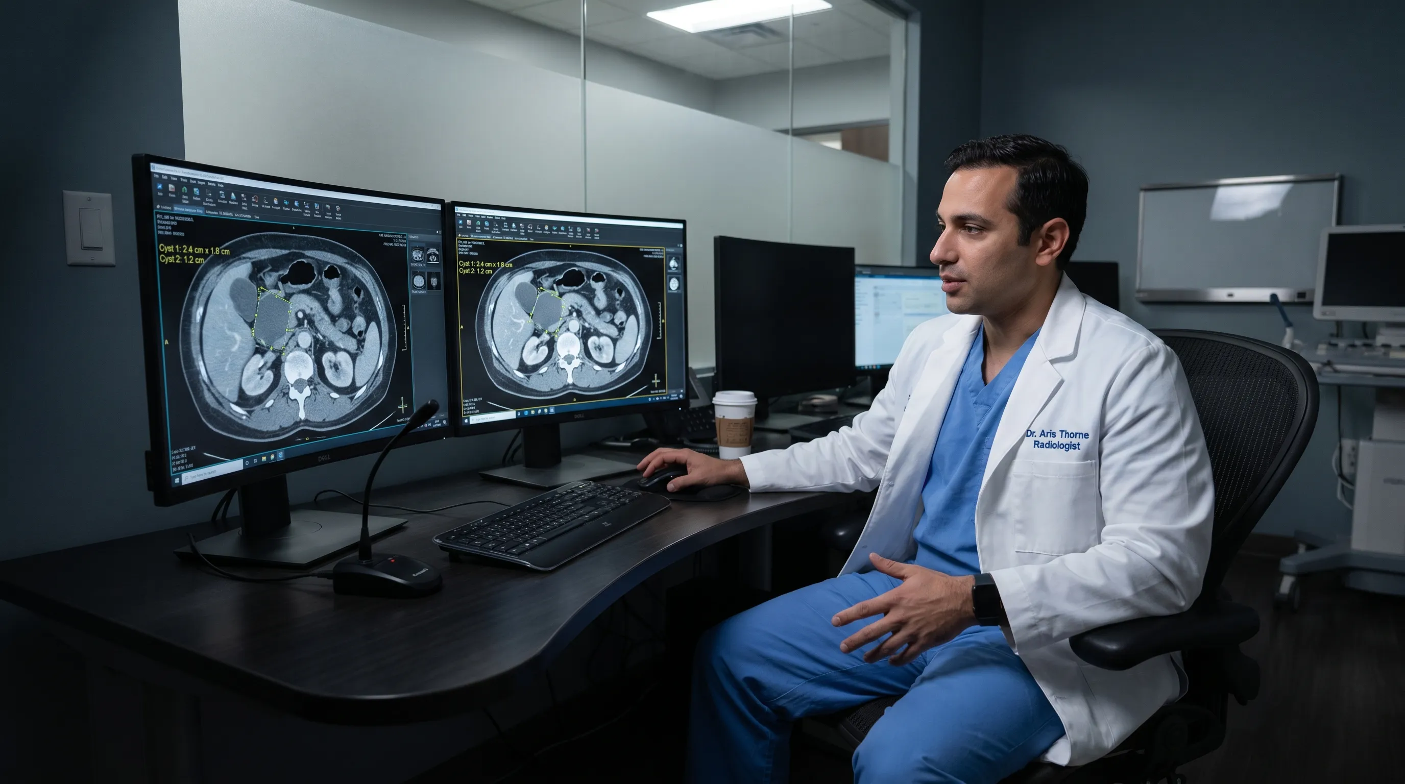 A professional radiologist reviewing a high-resolution abdominal CT scan on a dual-monitor workstation in a modern diagnostic imaging center, highlighting precise cyst measurements and anatomical clarity