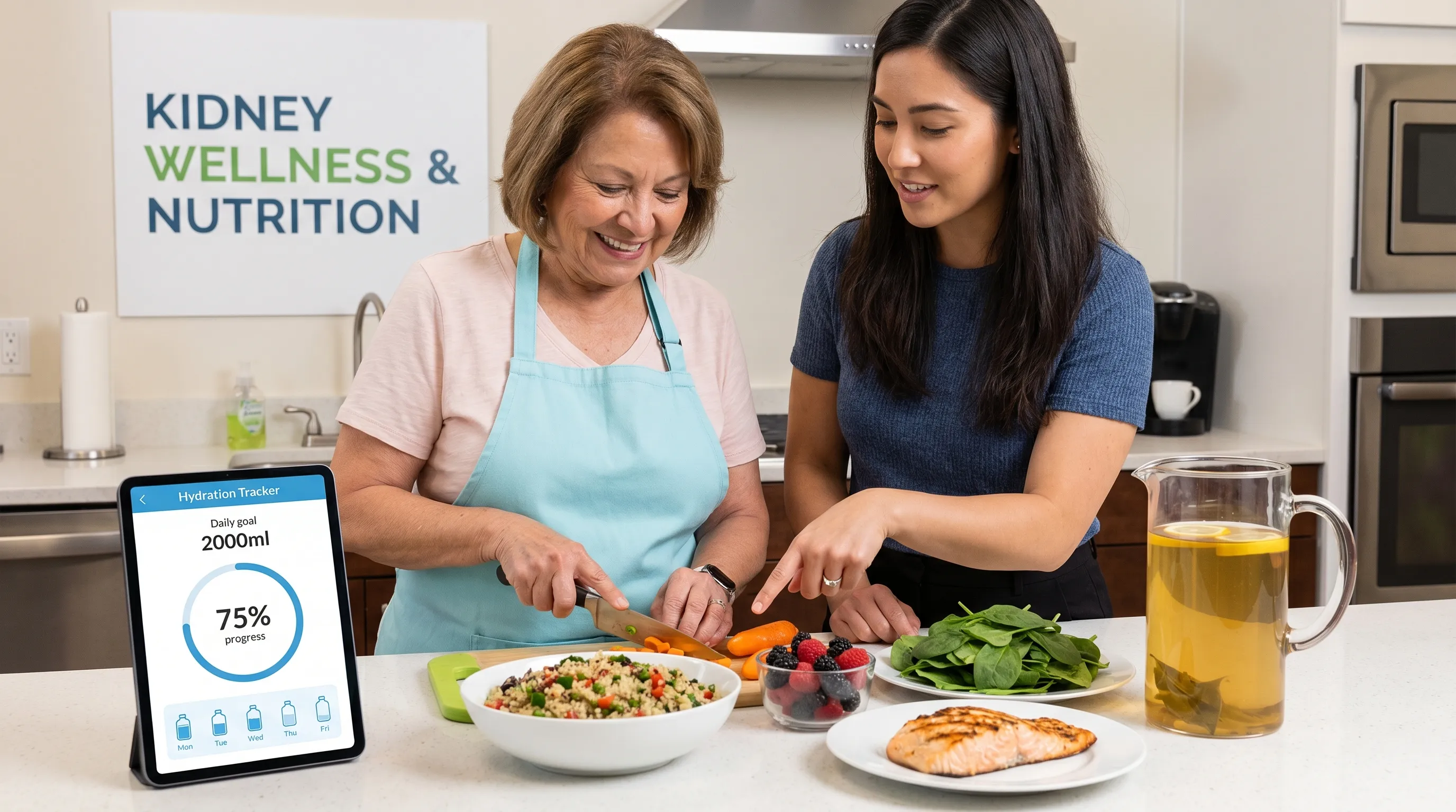 A patient participating in a guided wellness session focusing on kidney-friendly hydration and nutrition, featuring a balanced meal preparation scene with fresh vegetables, herbal tea, and a digital hydration tracker