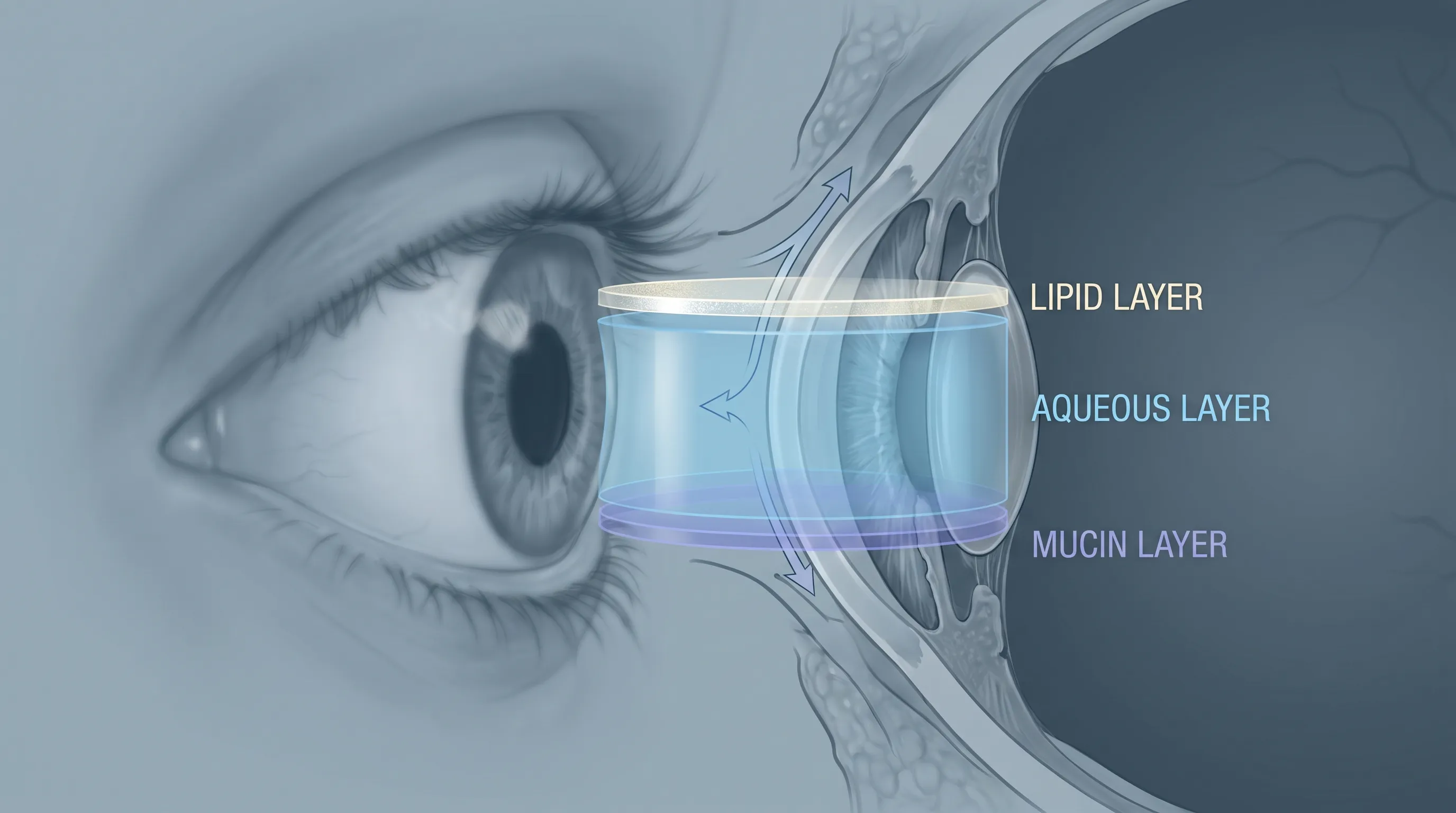 Clinical illustration showing healthy versus inflamed corneal epithelium with tear film disruption and early stromal exposure
