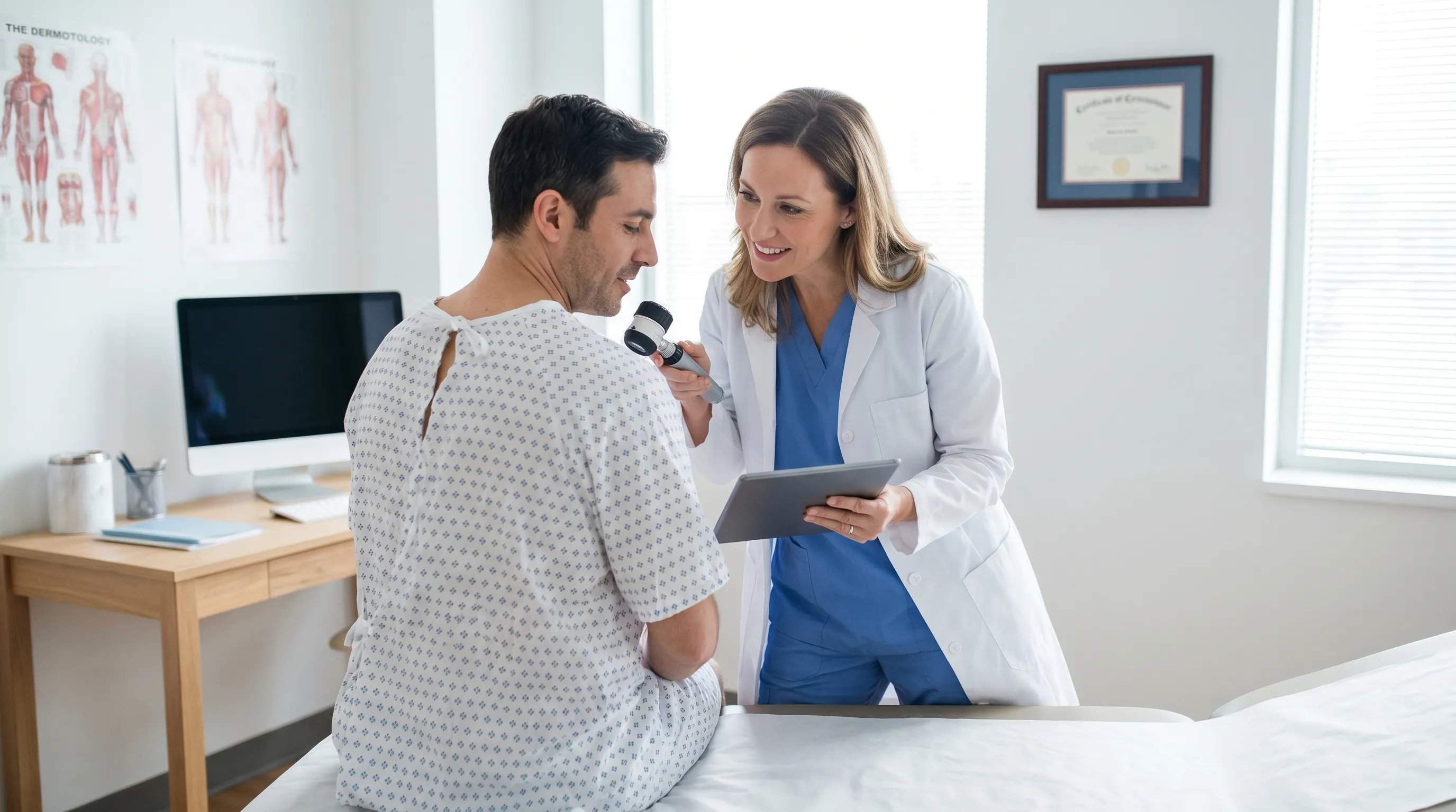 Calm, well-lit clinical setting showing a dermatologist performing a thorough skin examination with a handheld dermoscope on a patient's back, focusing on patient trust and education.