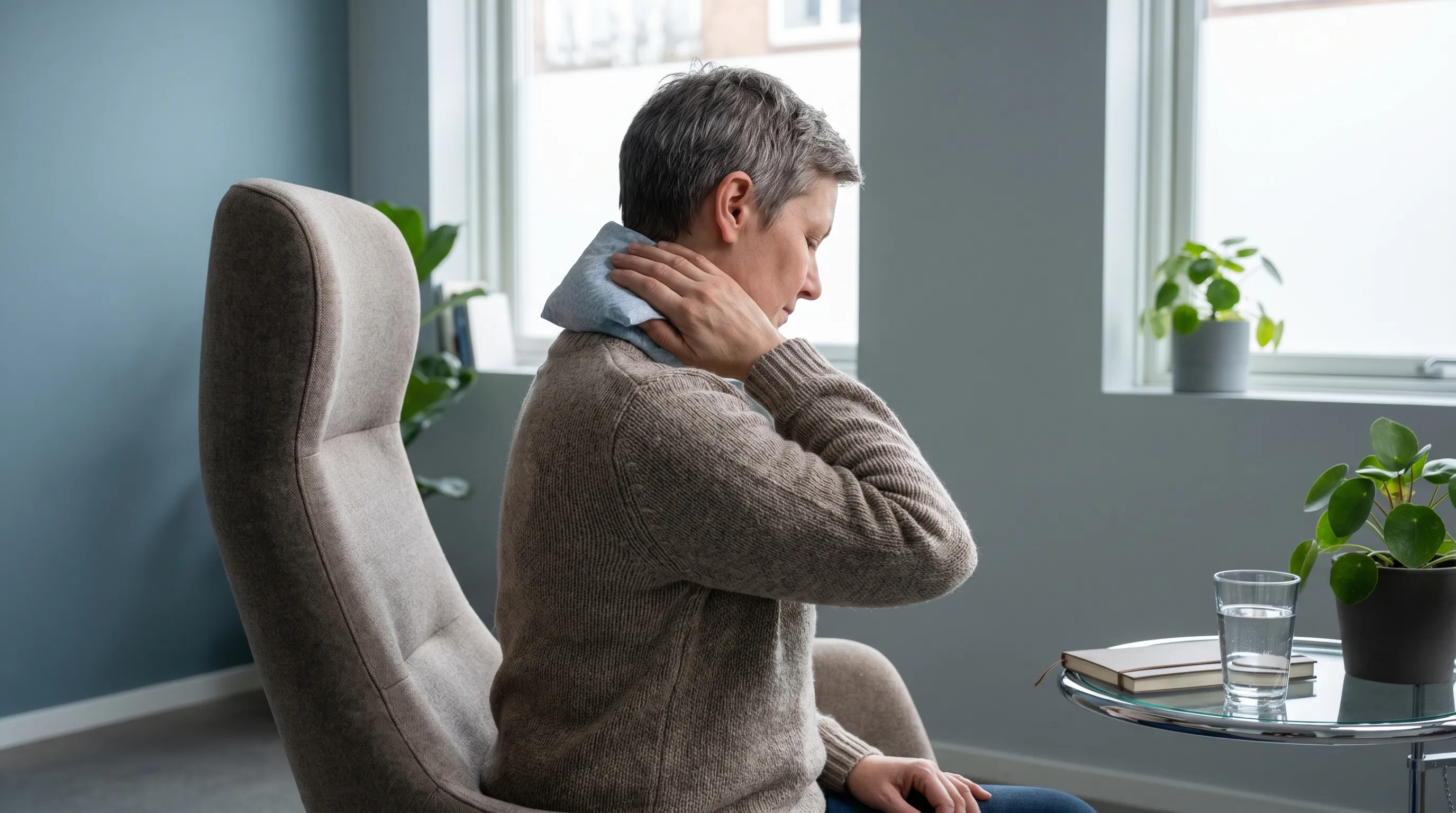 A clinical yet lifestyle-oriented photo showing a person applying a wrapped ice pack to the back of their neck while sitting upright in a supportive chair, soft natural lighting, muted blue and gray tones, 4:3 ratio