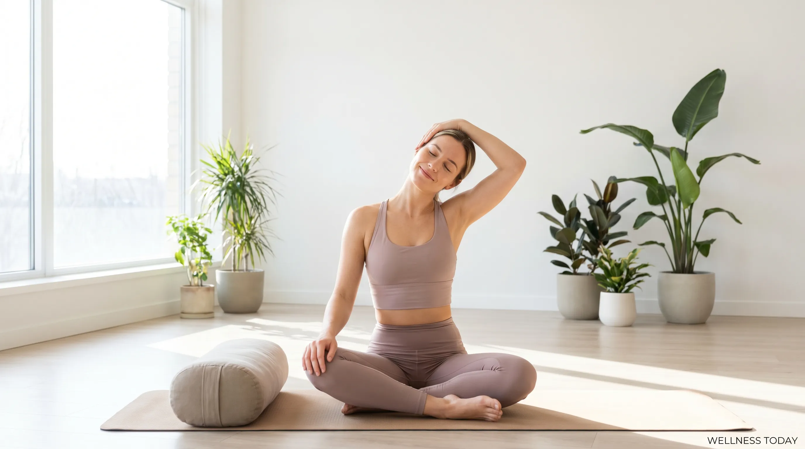 A professional wellness photograph depicting a person performing a gentle neck stretch in a bright, airy room with plants and a supportive pillow nearby, emphasizing proper posture and relaxation, 4:3 ratio