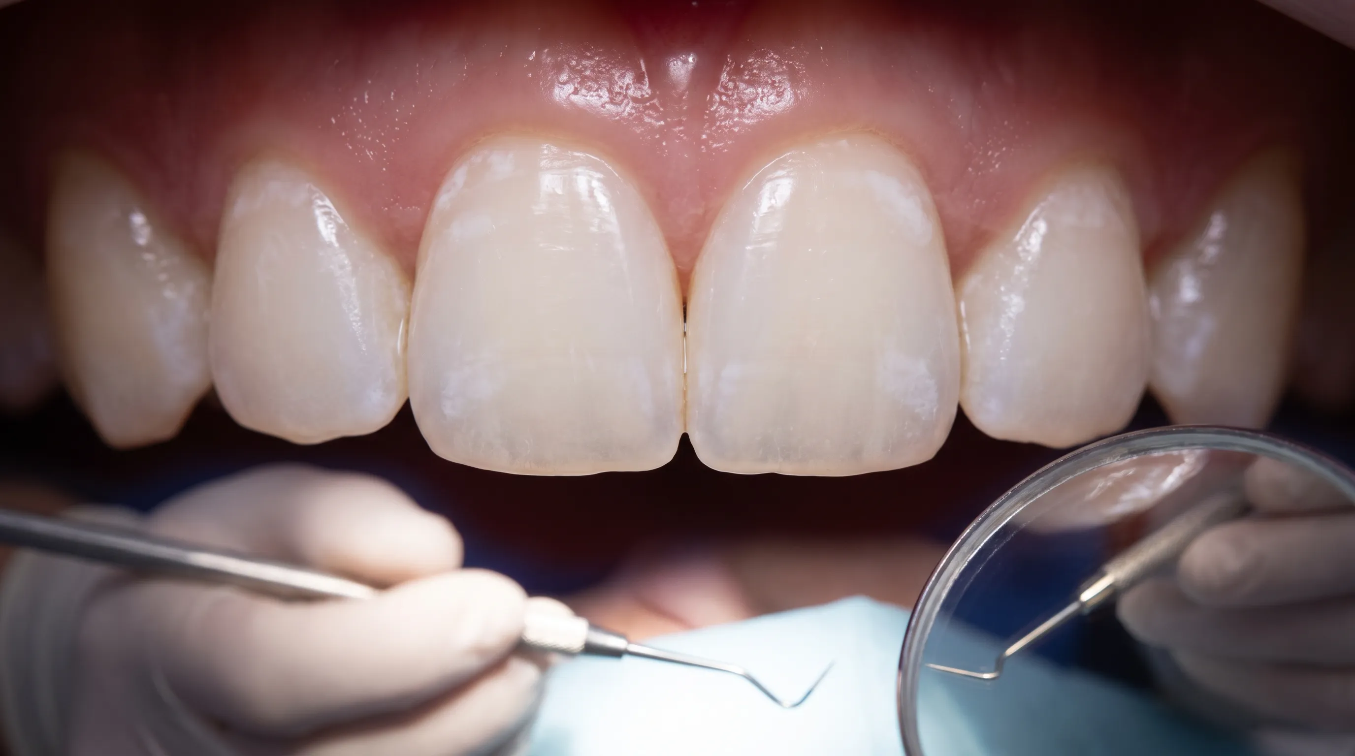 Fotografia clínica em close mostrando lesões iniciais de mancha branca em superfícies lisas de dentes sob iluminação odontológica intensa, destacando a aparência translúcida da descalcificação