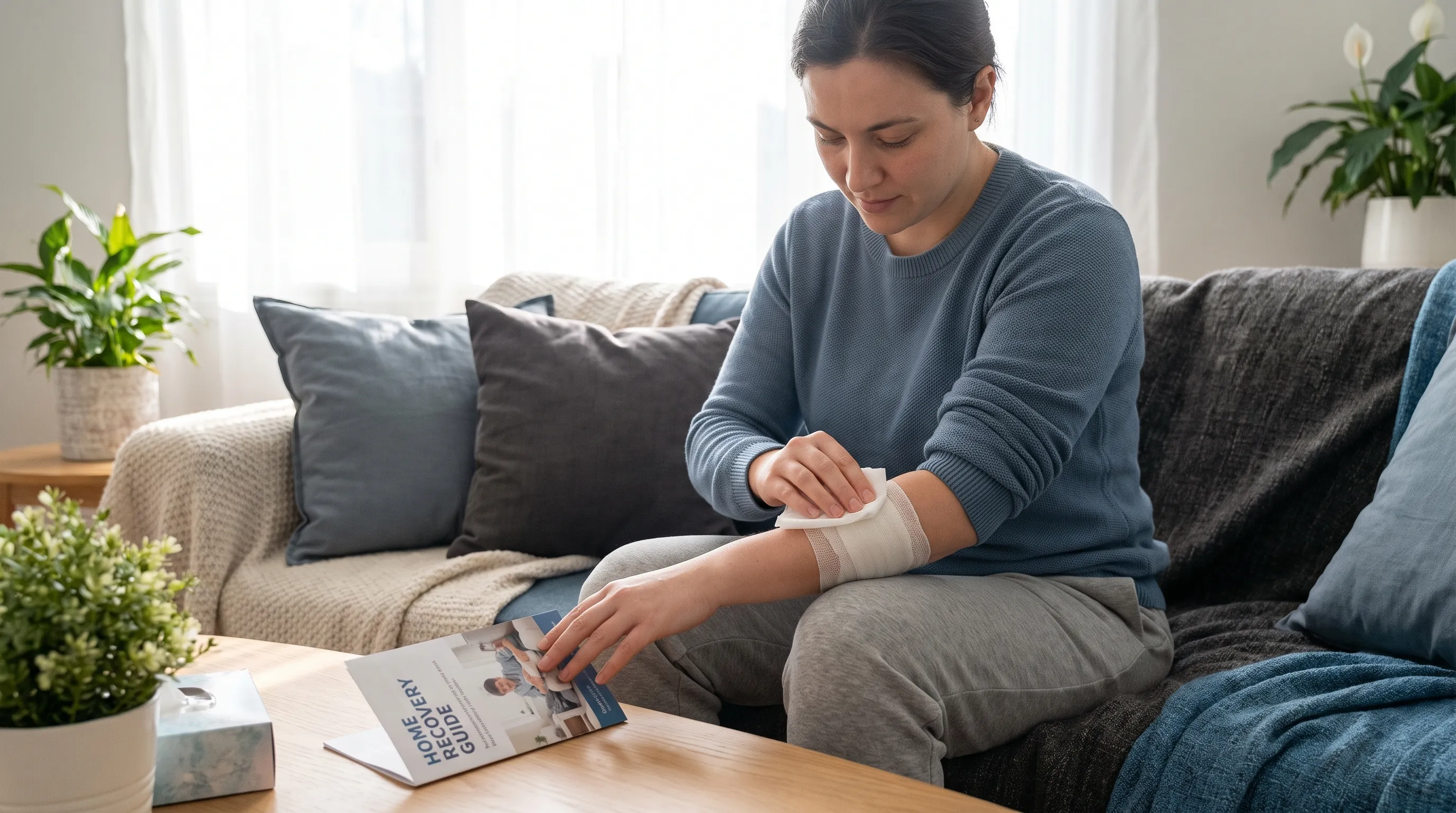 Calm home recovery setting with an adult reading wound care instructions while gently cleaning a bandaged area, natural daylight, muted blue and gray color palette