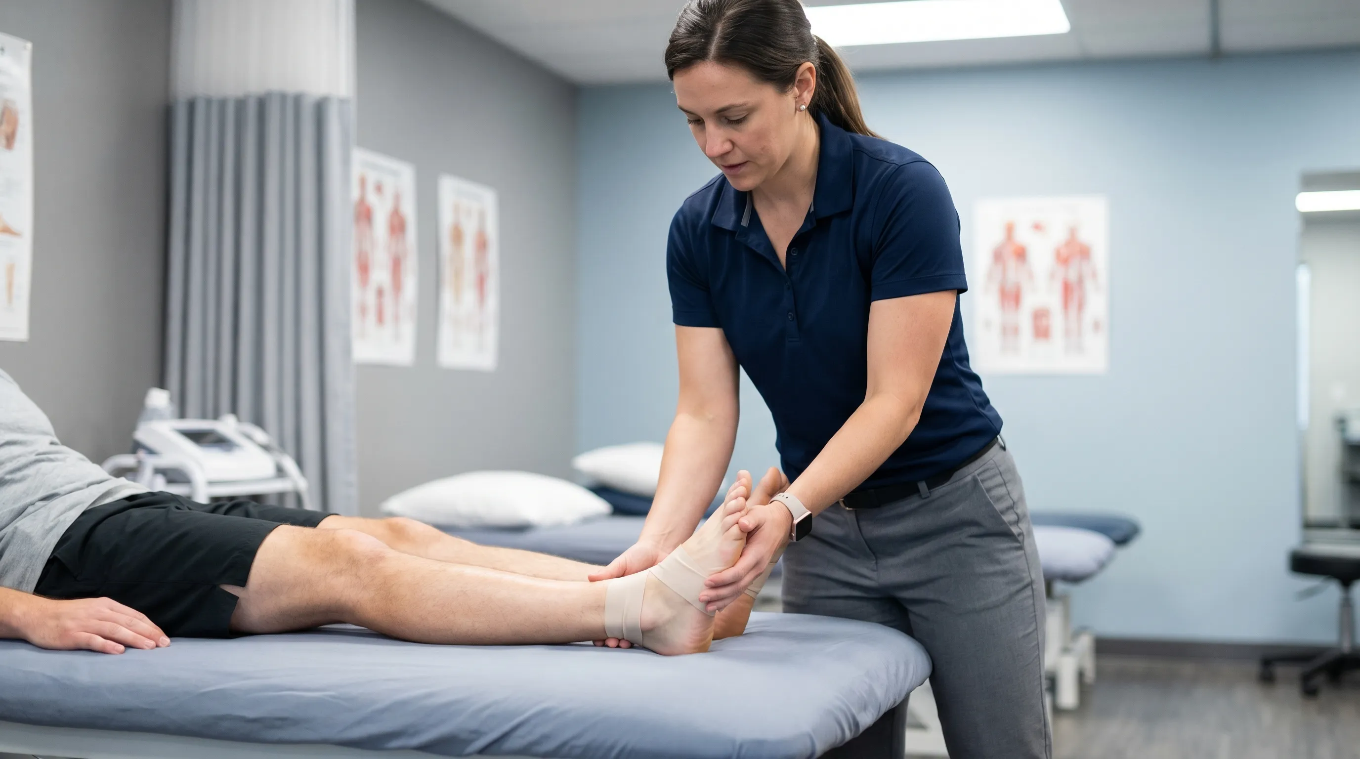 Physical therapist guiding a patient through cuboid rehabilitation exercises