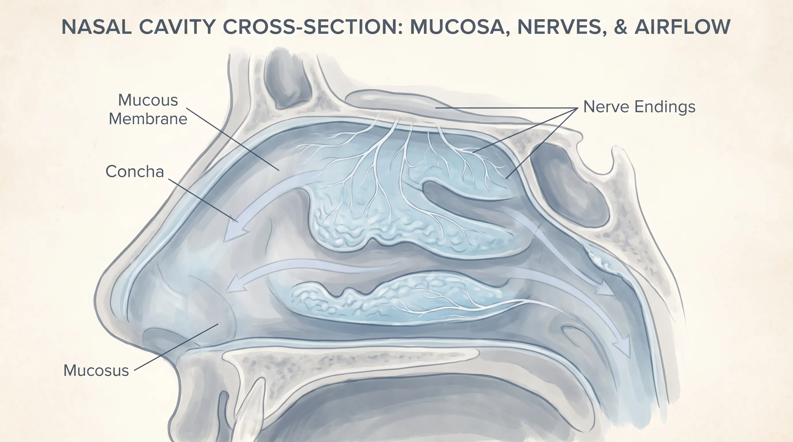 Cross-section of the nasal cavity highlighting the mucous membrane, ciliated epithelium, and trigeminal nerve branches in soft medical blue and gray tones