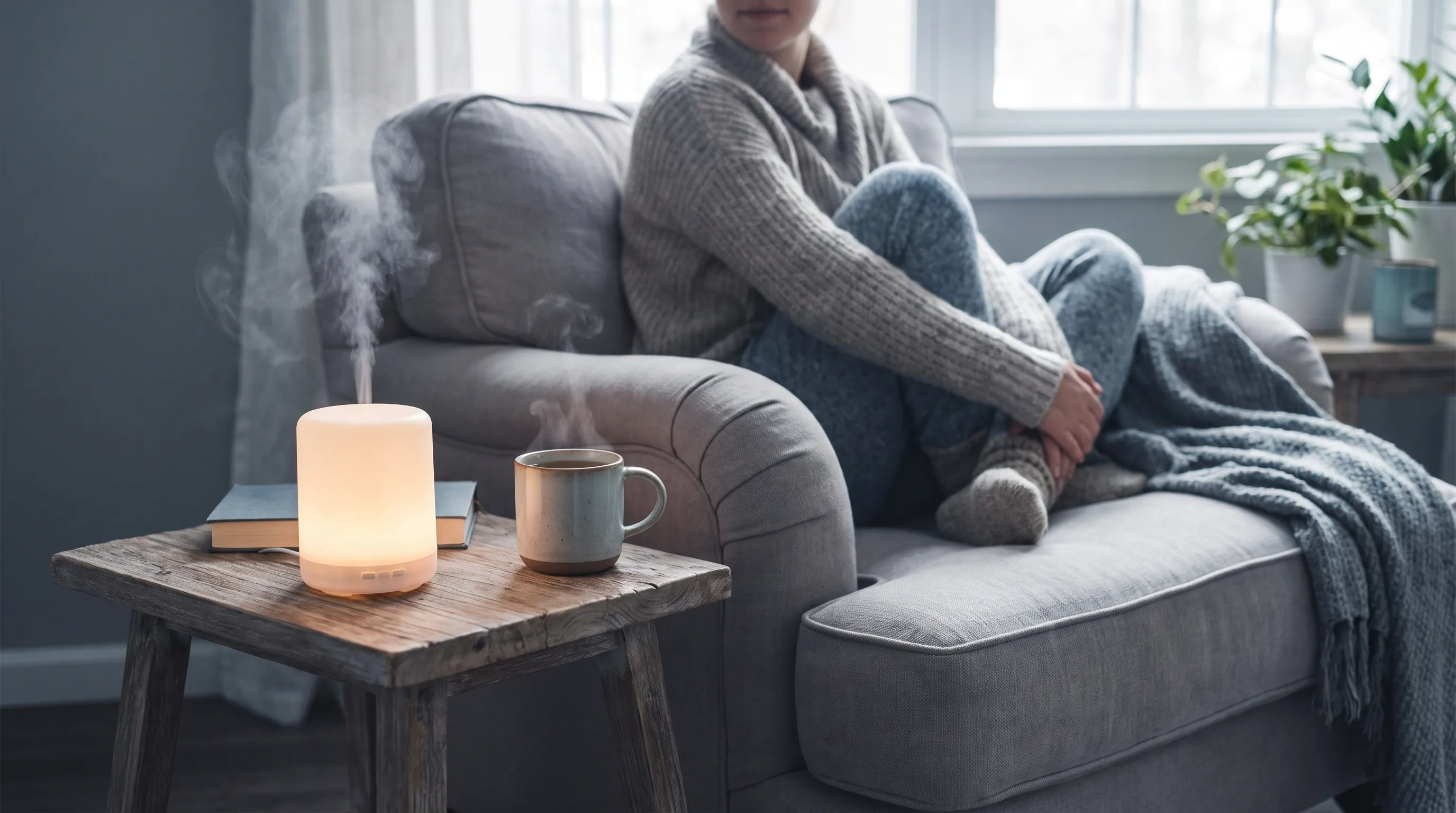 A person sitting comfortably with a humidifier and warm tea on a wooden table, illustrating dry air relief in a calm gray and blue setting