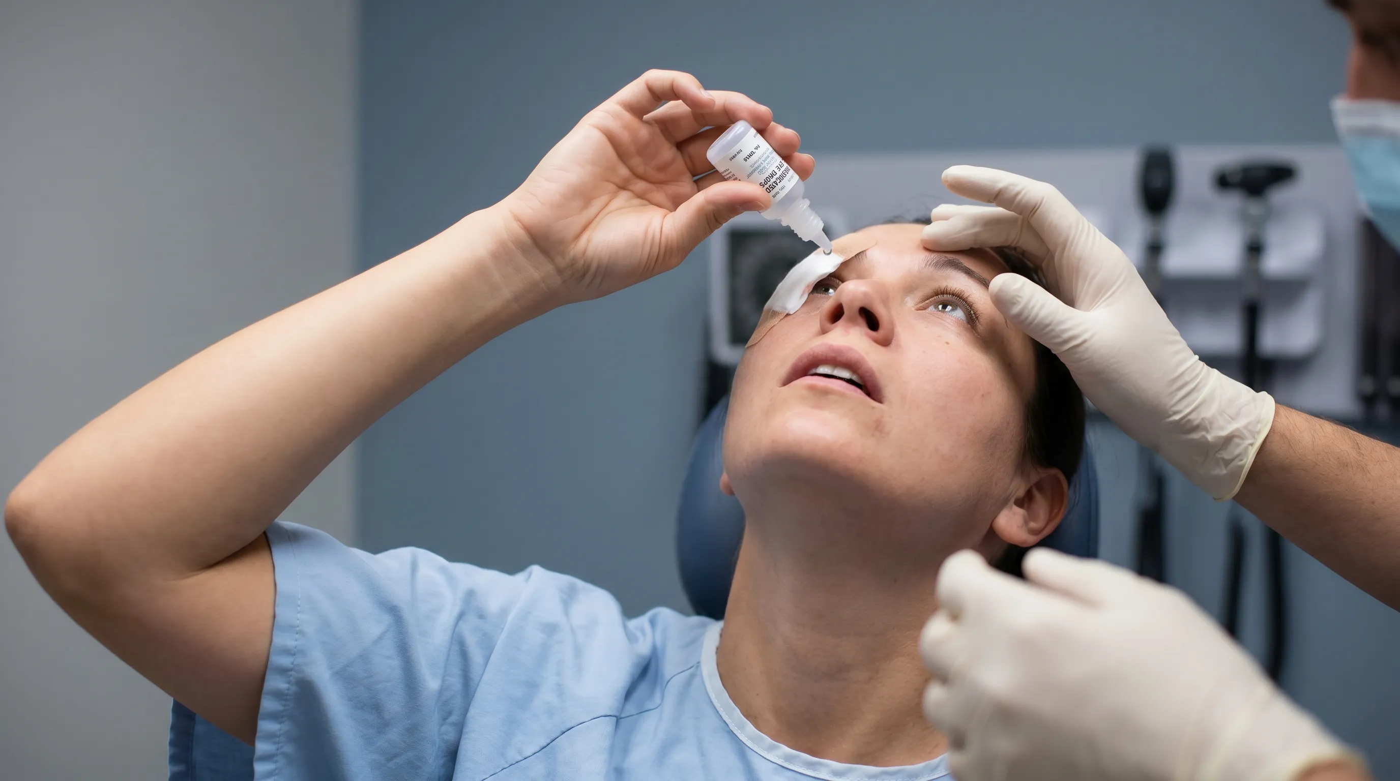 Eine Patientin wendet nach einer Operation sorgfältig verordnete medizinische Augentropfen an, sauberer klinischer Hintergrund mit sanfter blauer Beleuchtung