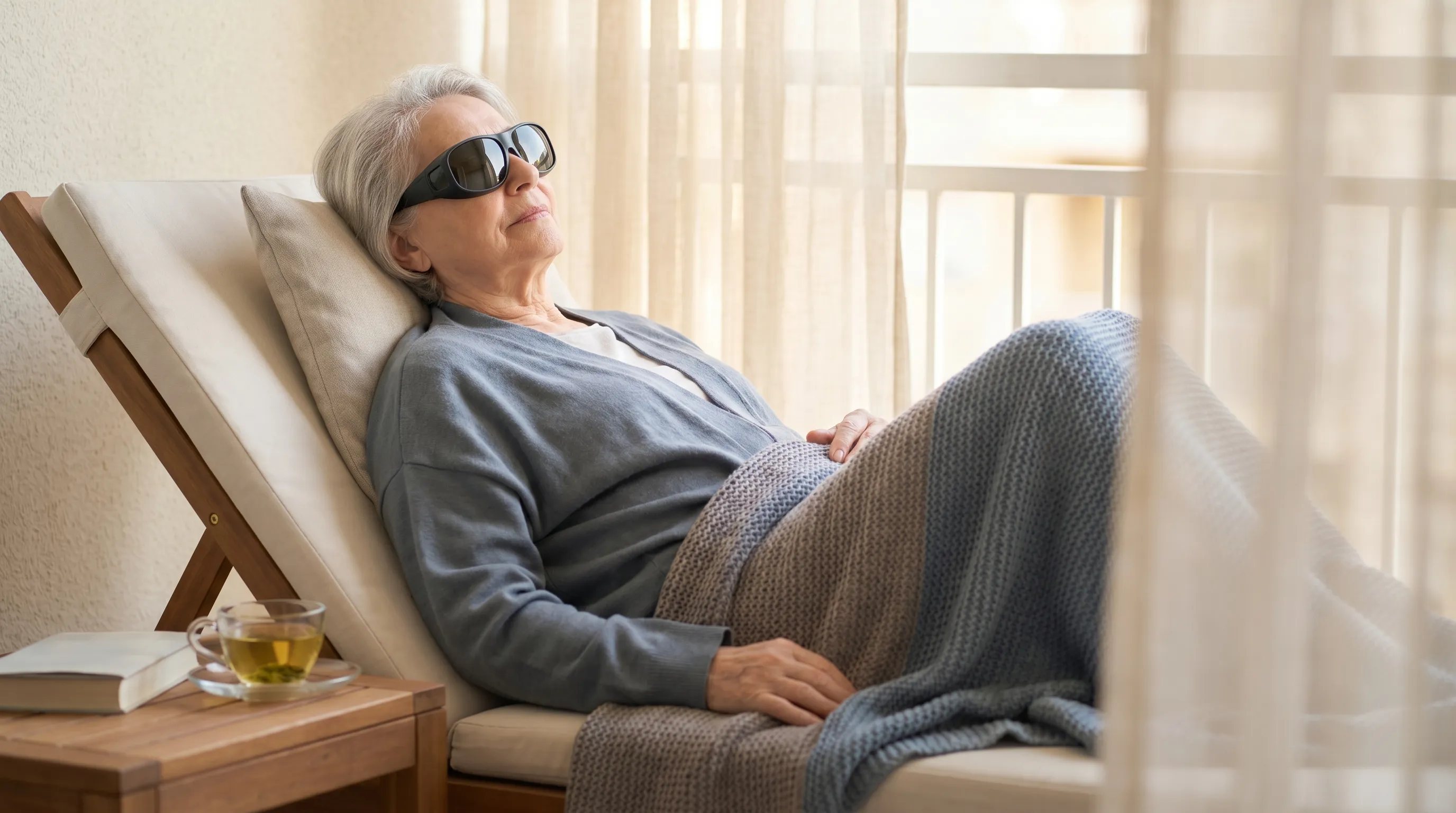 Eine ältere Person entspannt ihre Augen auf einem Balkon bei sanftem Tageslicht und trägt eine schützende Sonnenbrille, als Hinweis auf die postoperative Erholung