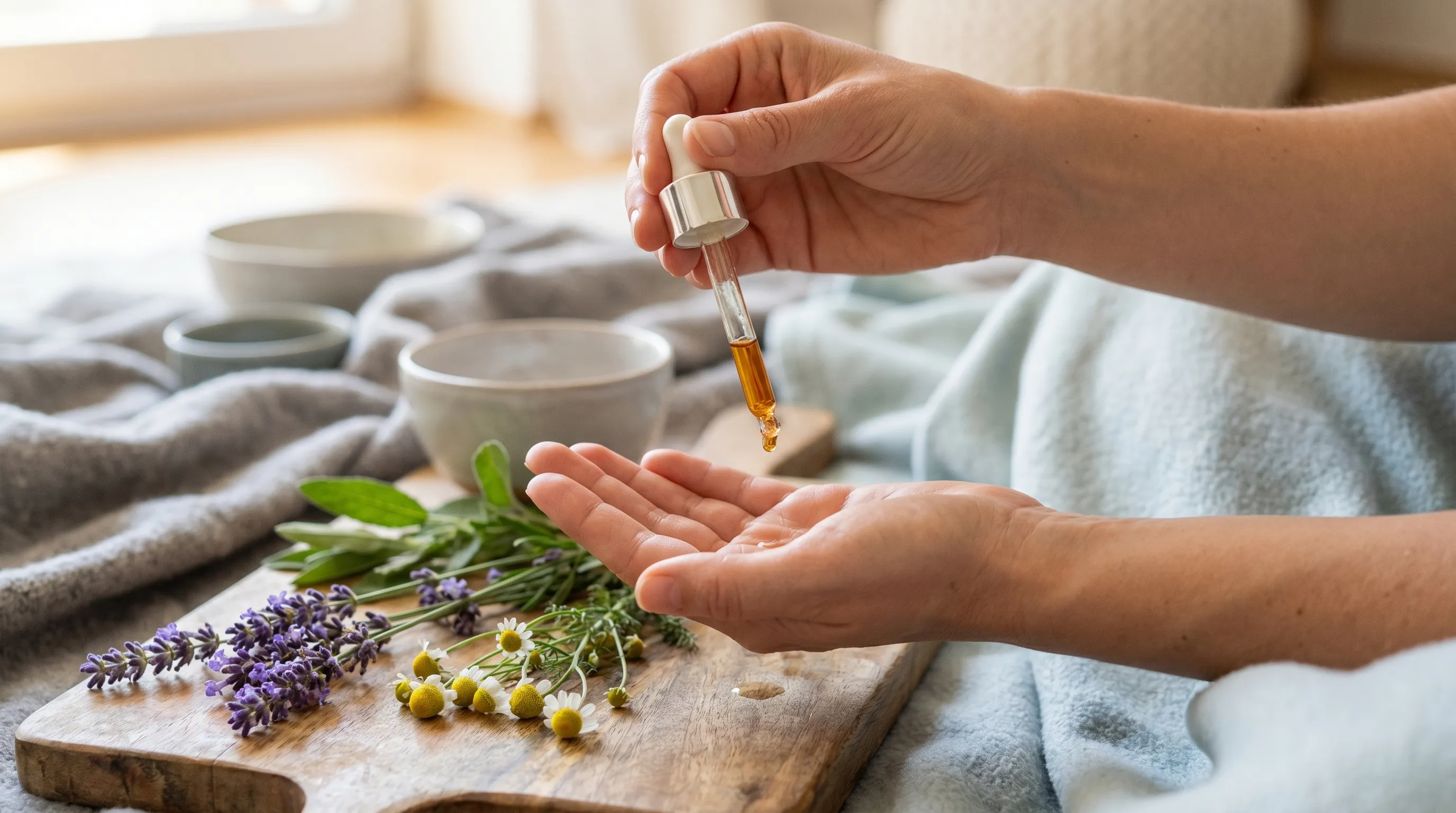A close-up lifestyle photo of a clean glass dropper dispensing diluted essential oil onto a hand next to fresh botanical herbs like lavender and chamomile, soft gray and blue tones, wellness aesthetic, 16:9