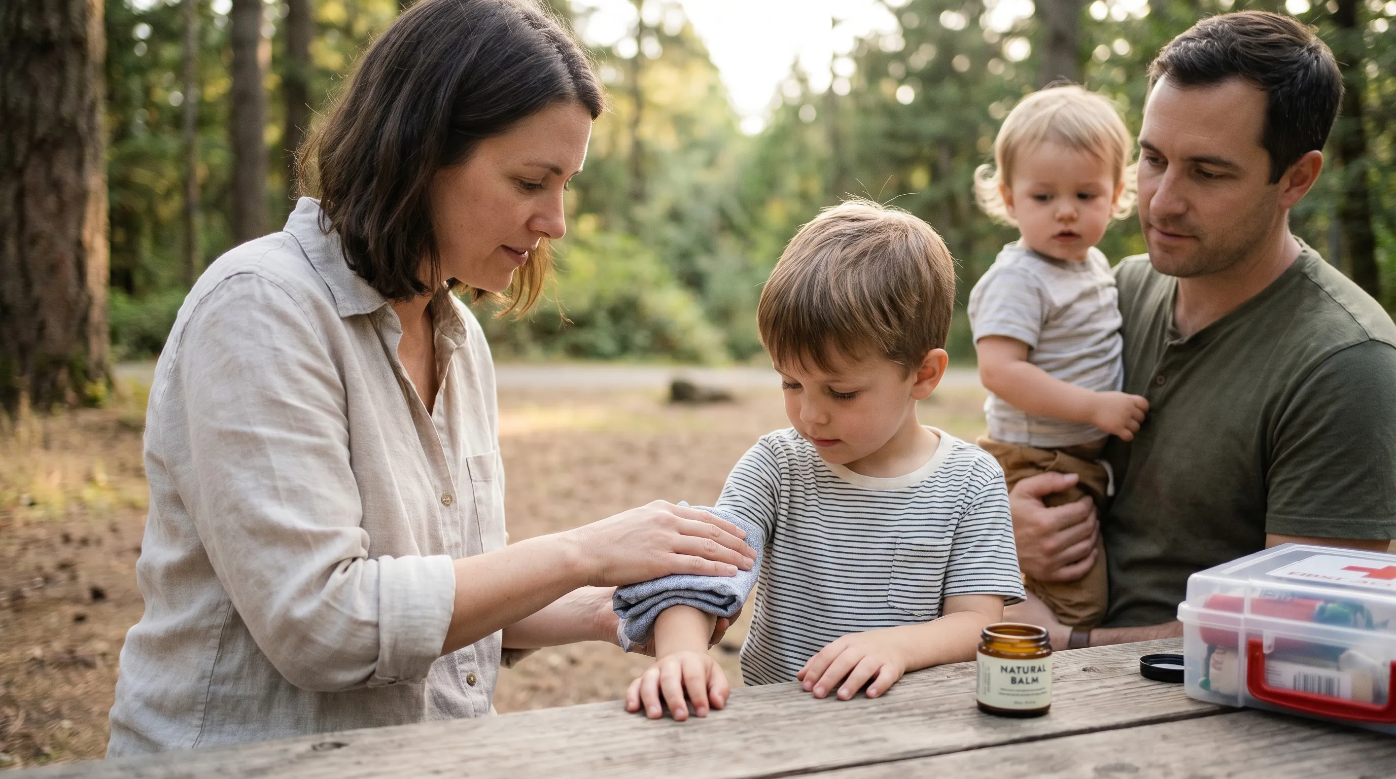A family outdoors in a natural setting, a parent gently applying a cooling compress and natural topical treatment to a child's minor bug bite on the arm, calm daylight, health and safety focus, 16:9