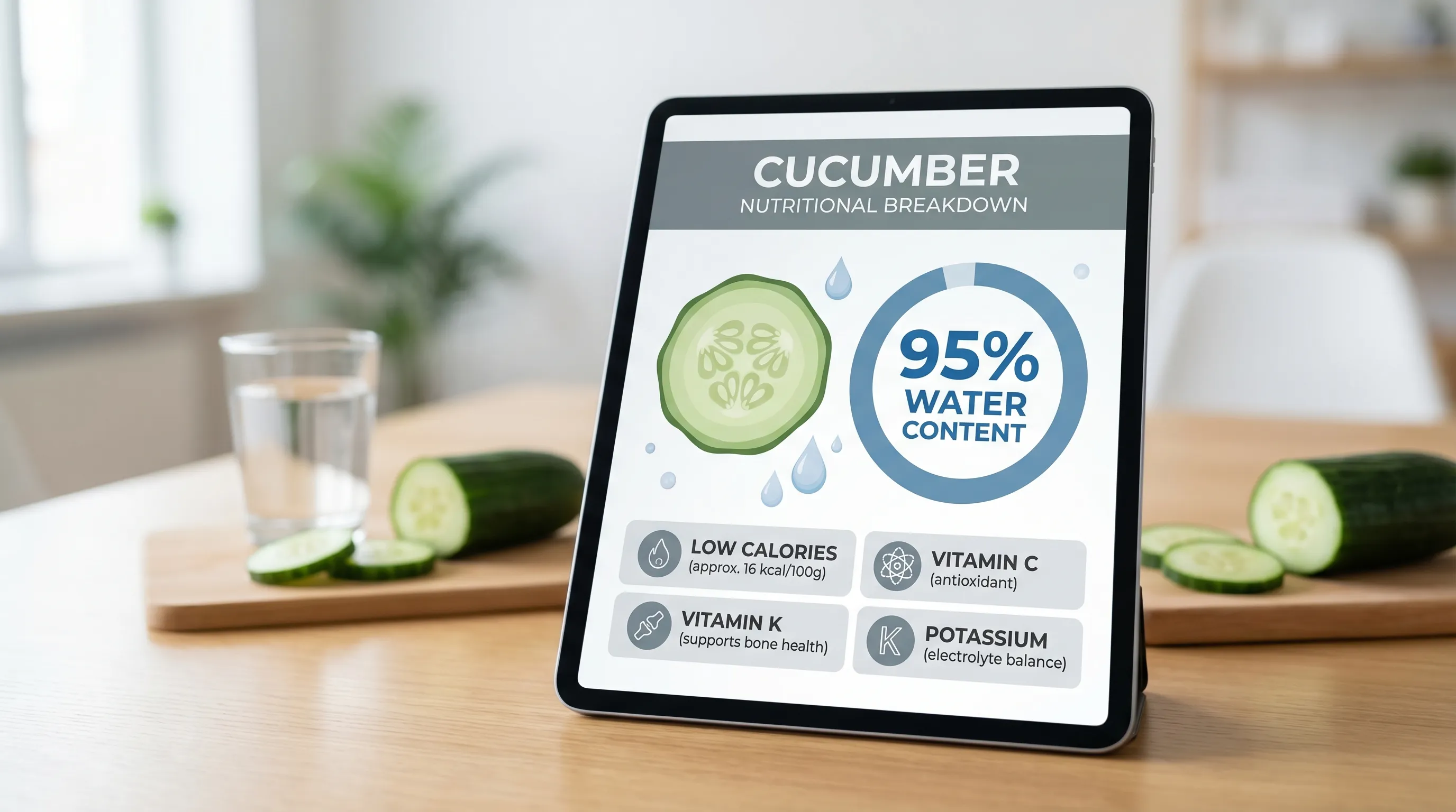 A clear infographic showing the nutritional breakdown of a cucumber, highlighting its 95% water content, low calories, and key nutrients like Vitamin K, Vitamin C, and Potassium.