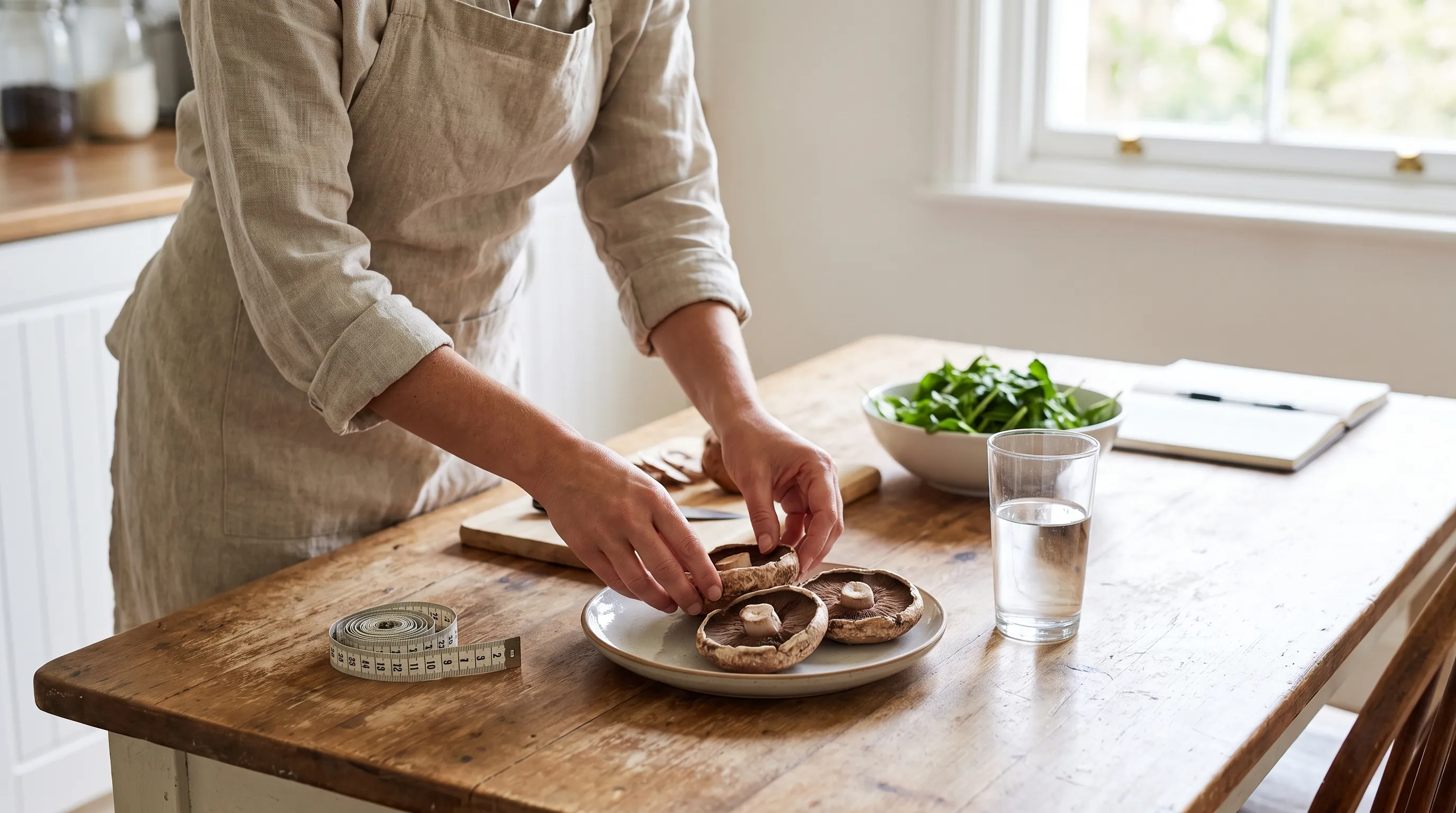 A nutritionist measuring fresh portobello mushrooms alongside other common mushroom varieties on a wooden cutting board