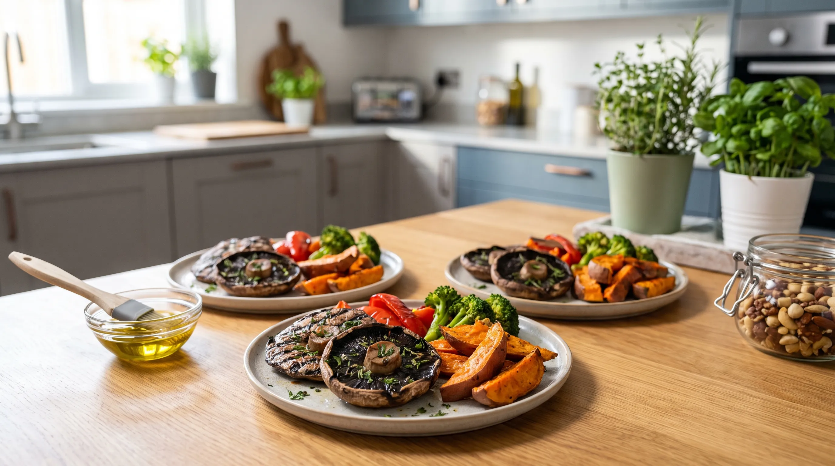 A beautifully arranged plate featuring grilled portobello mushroom caps, roasted vegetables, and a light olive oil dressing on a rustic table