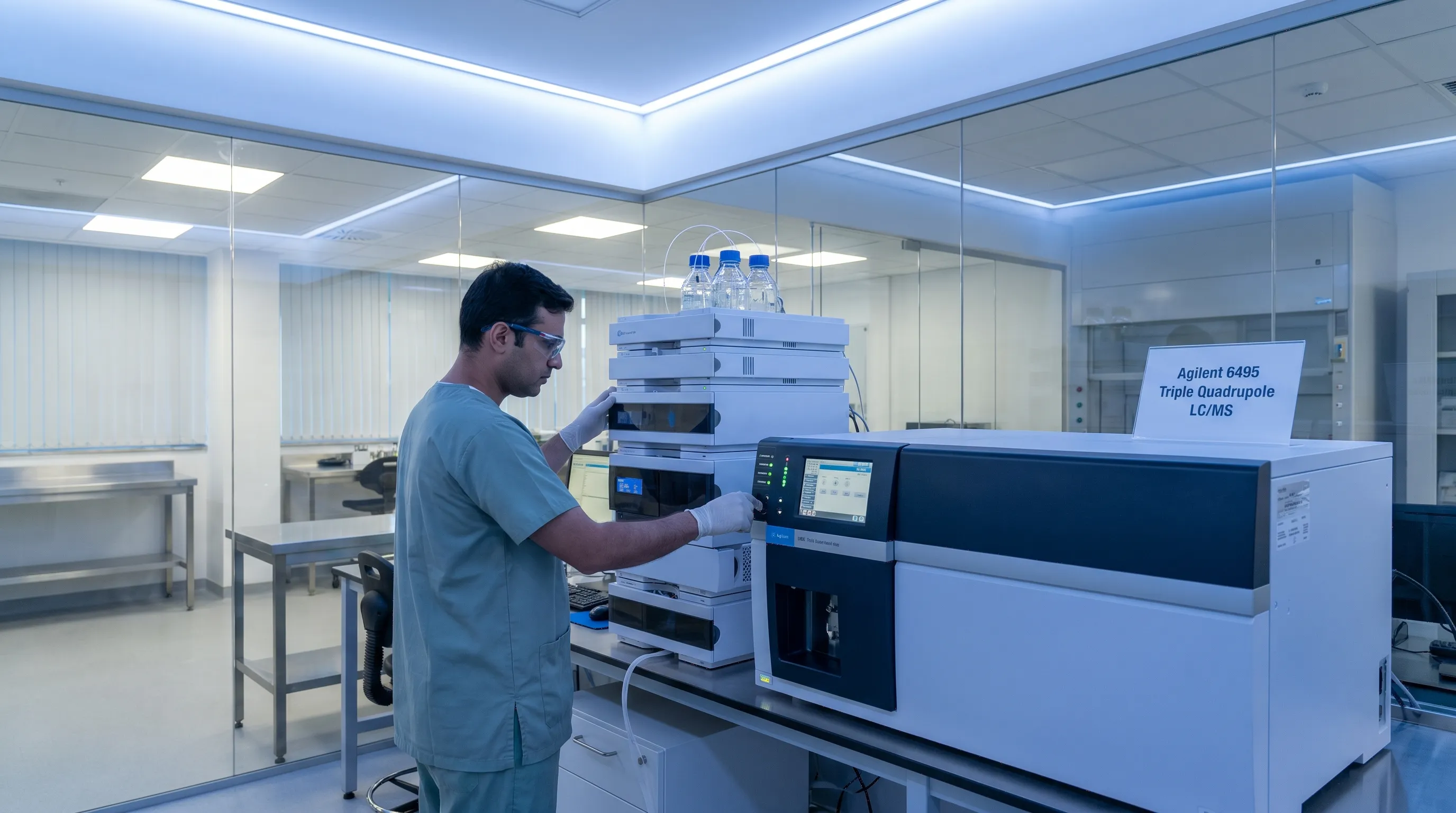 A clinical laboratory technician operating a high-performance liquid chromatography-mass spectrometry system in a sterile, modern medical testing facility with cool blue ambient lighting