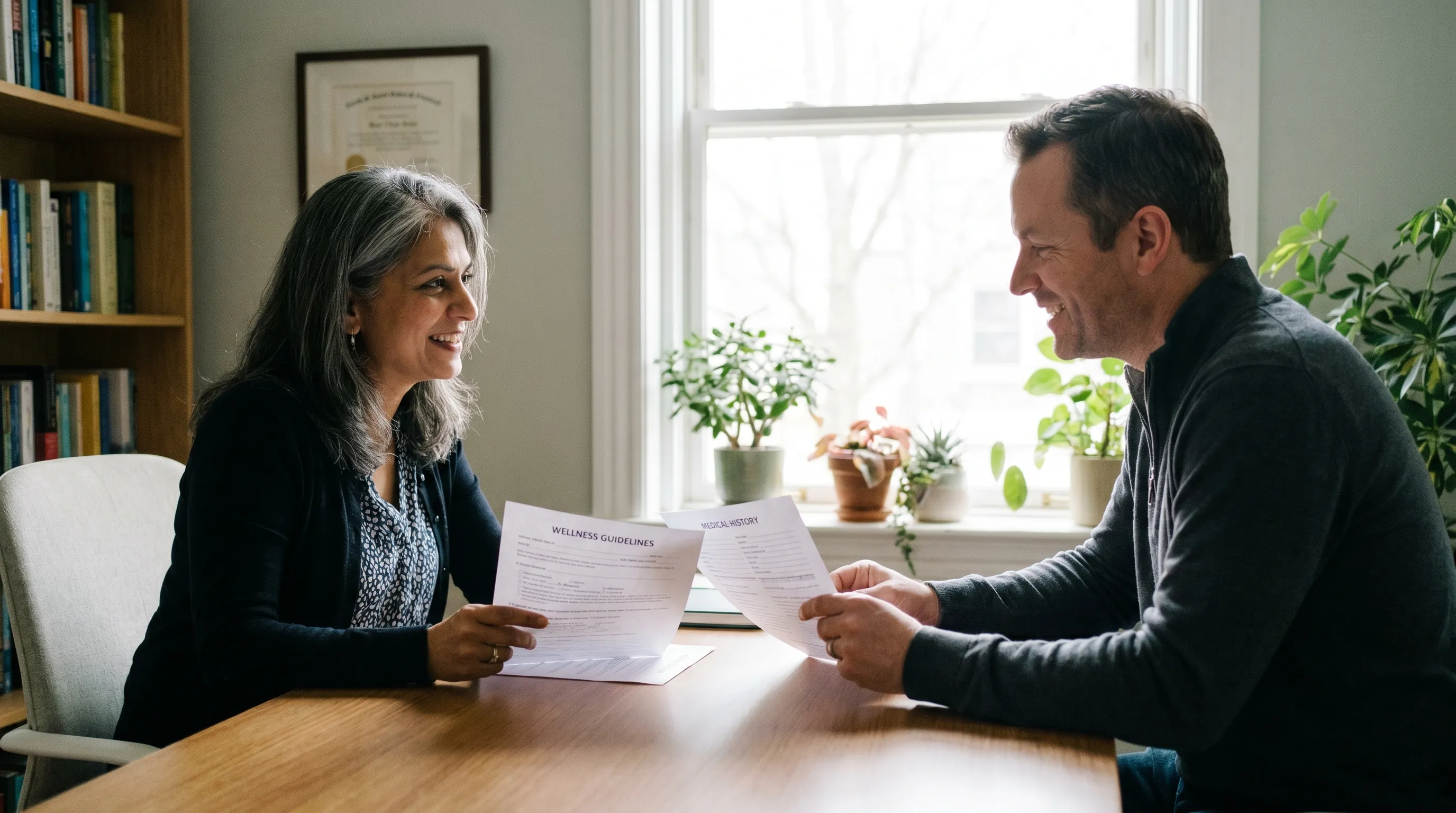 A healthcare professional sitting across from an individual in a quiet consultation room, reviewing standardized medical forms and discussing wellness guidelines under soft, natural window lighting