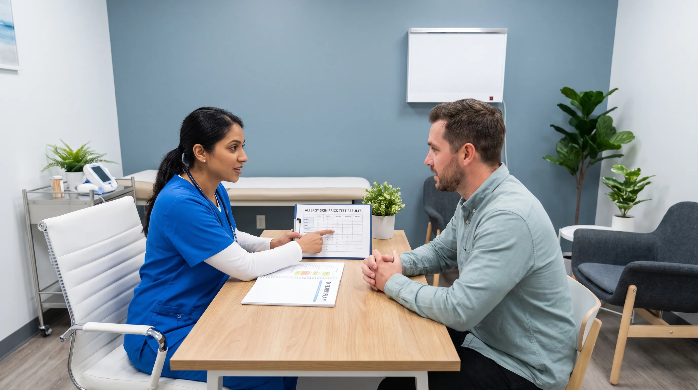 A professional clinical setting showing a healthcare provider consulting with a patient while reviewing an allergy test panel and dietary notes, clean and calm atmosphere