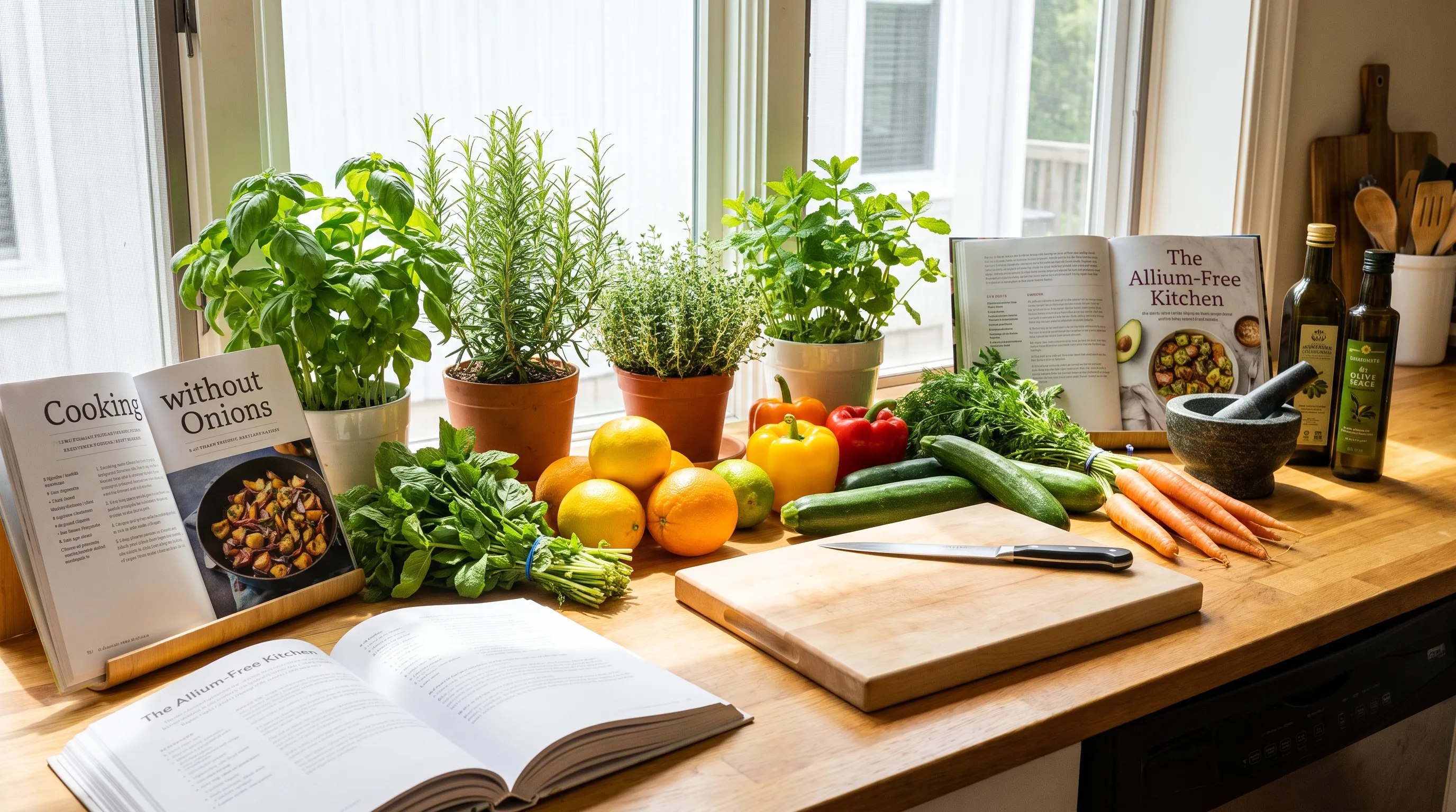 A bright kitchen counter with various fresh herbs, citrus, and onion-free vegetable alternatives neatly arranged next to recipe books, emphasizing healthy cooking without alliums