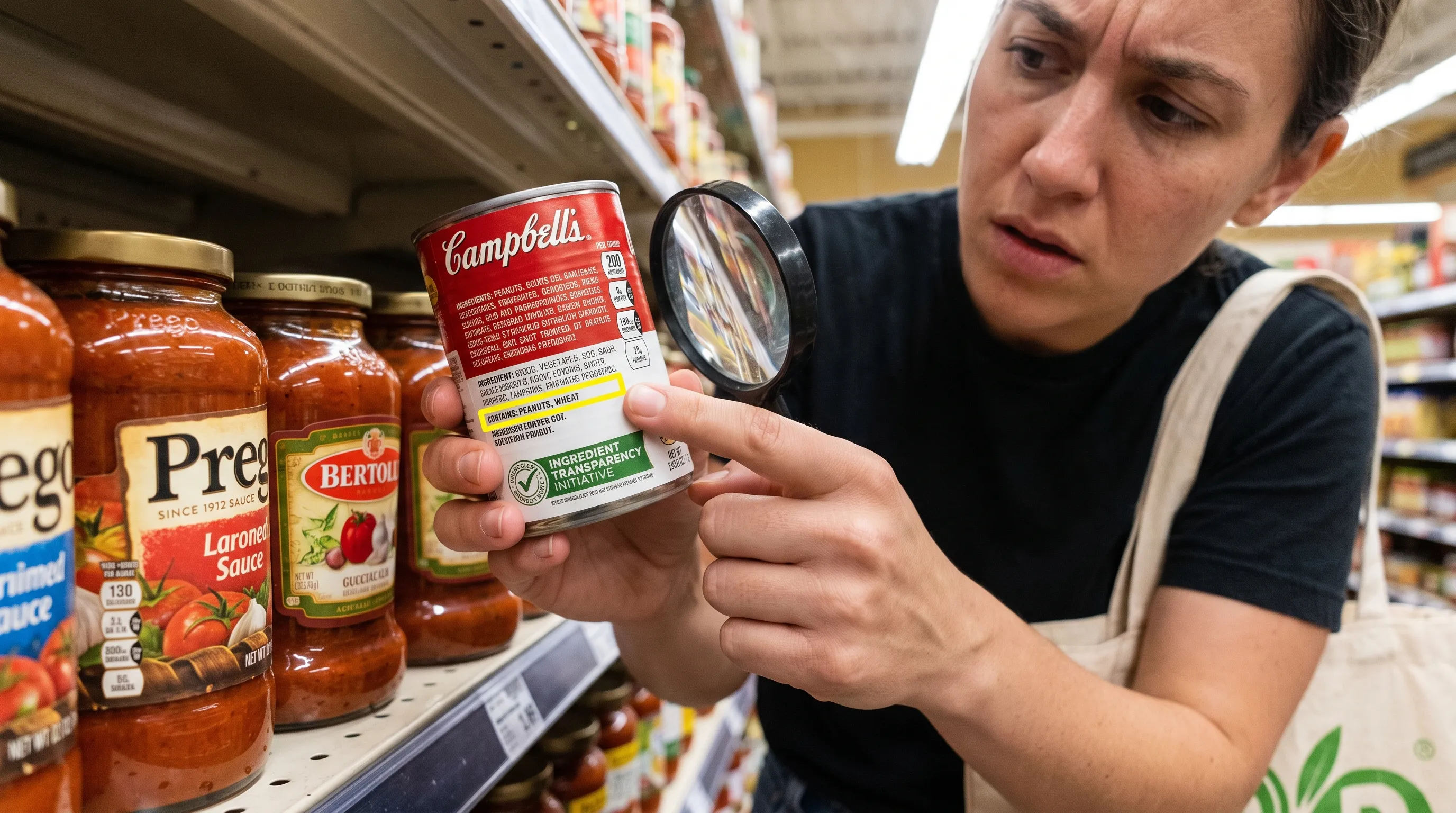 A close-up of a person carefully reading nutrition labels on packaged soup cans and sauces, highlighting allergen warnings and ingredient transparency