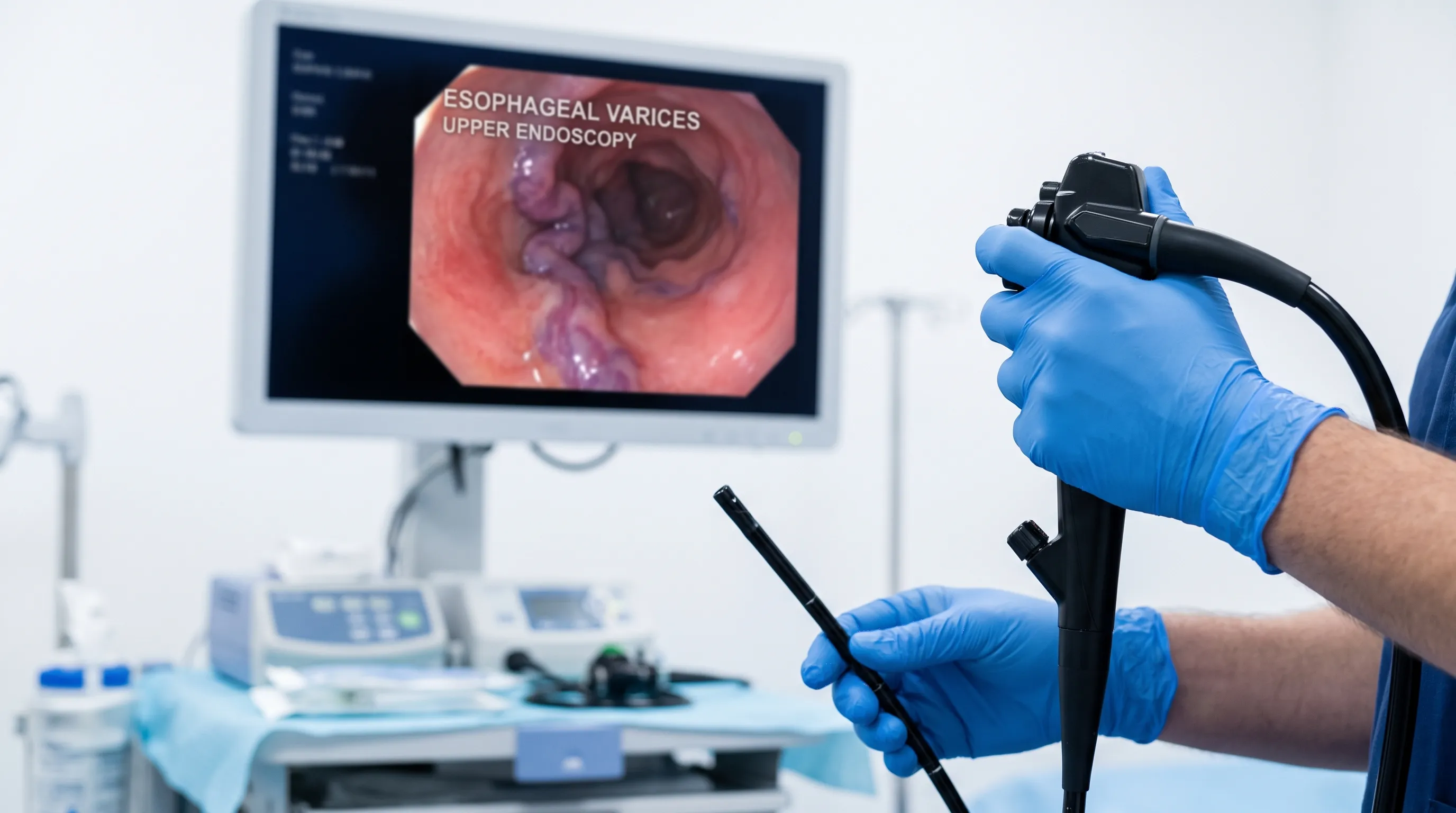 A healthcare professional explaining an endoscopic procedure on a monitor to a patient, soft clinical lighting