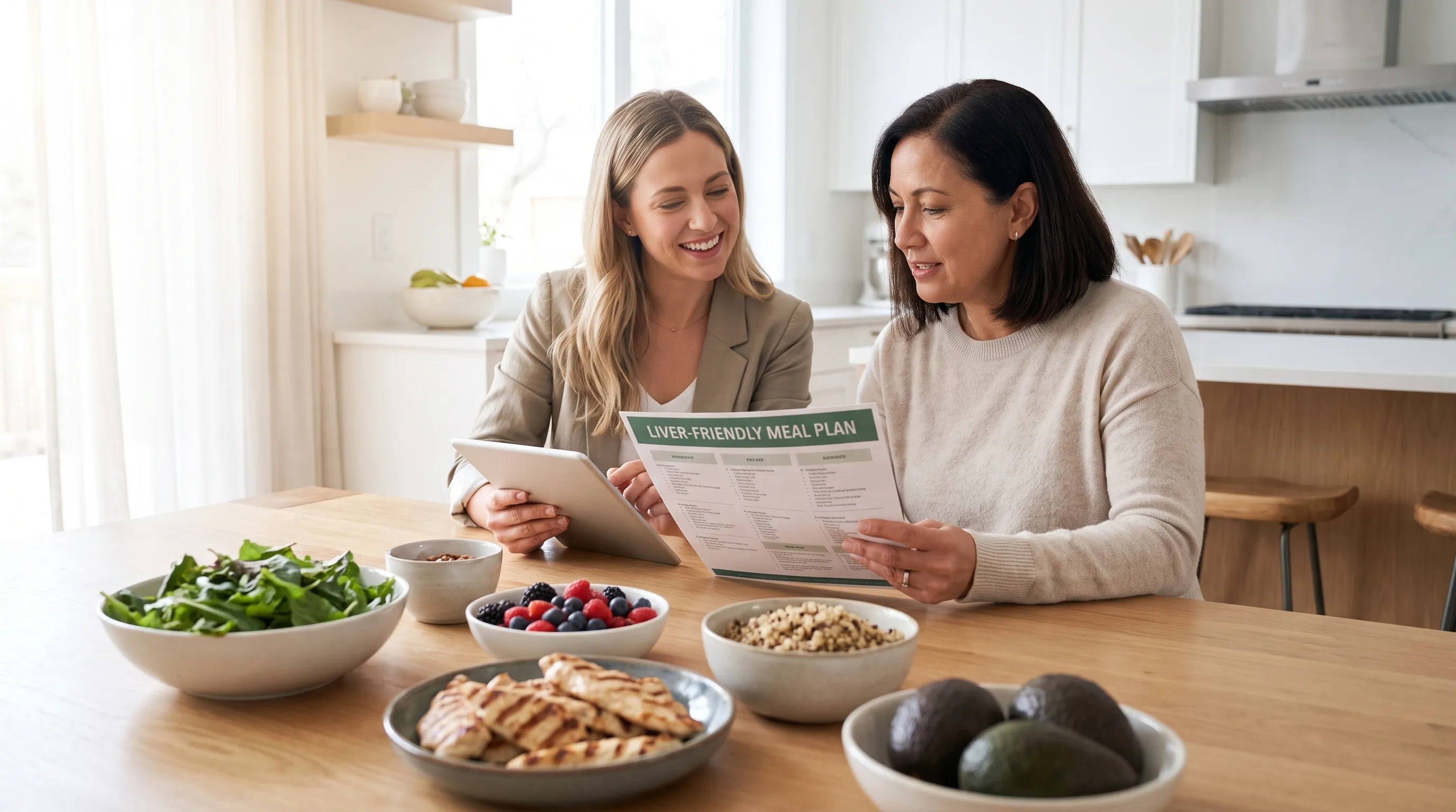 A nutritionist and patient reviewing a liver-friendly meal plan at a modern kitchen table