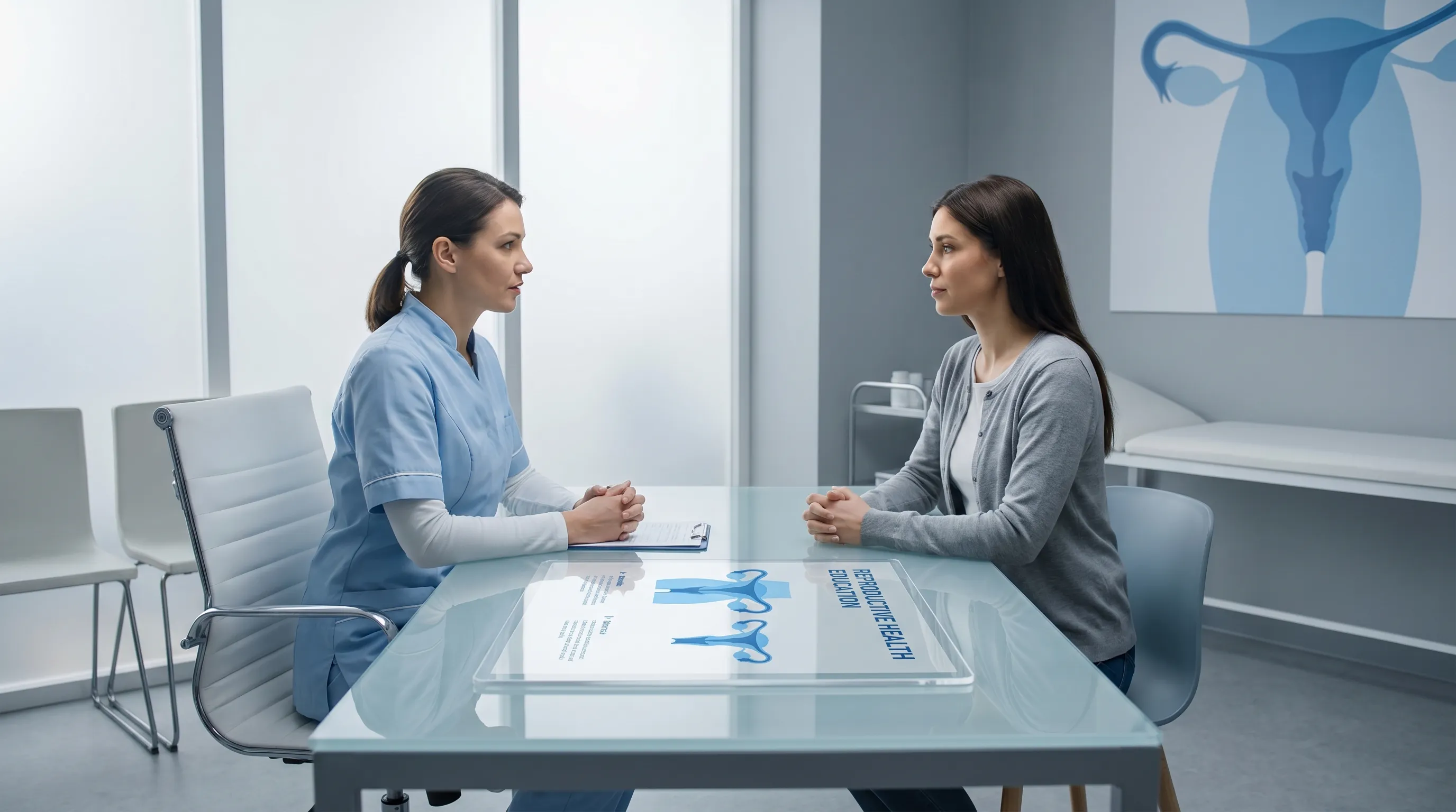 A healthcare professional reviewing anatomical charts with a patient in a modern clinic, focusing on reproductive and urinary system education, soft lighting, gray and blue color palette, professional medical setting