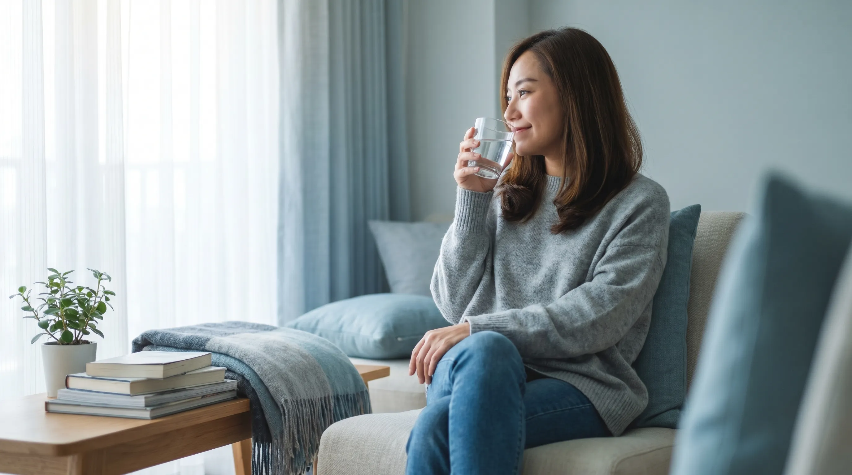 A woman drinking a large glass of water near a sunlit window, emphasizing hydration and urinary health after intimacy, soft natural lighting, gray and blue tones, lifestyle wellness photography