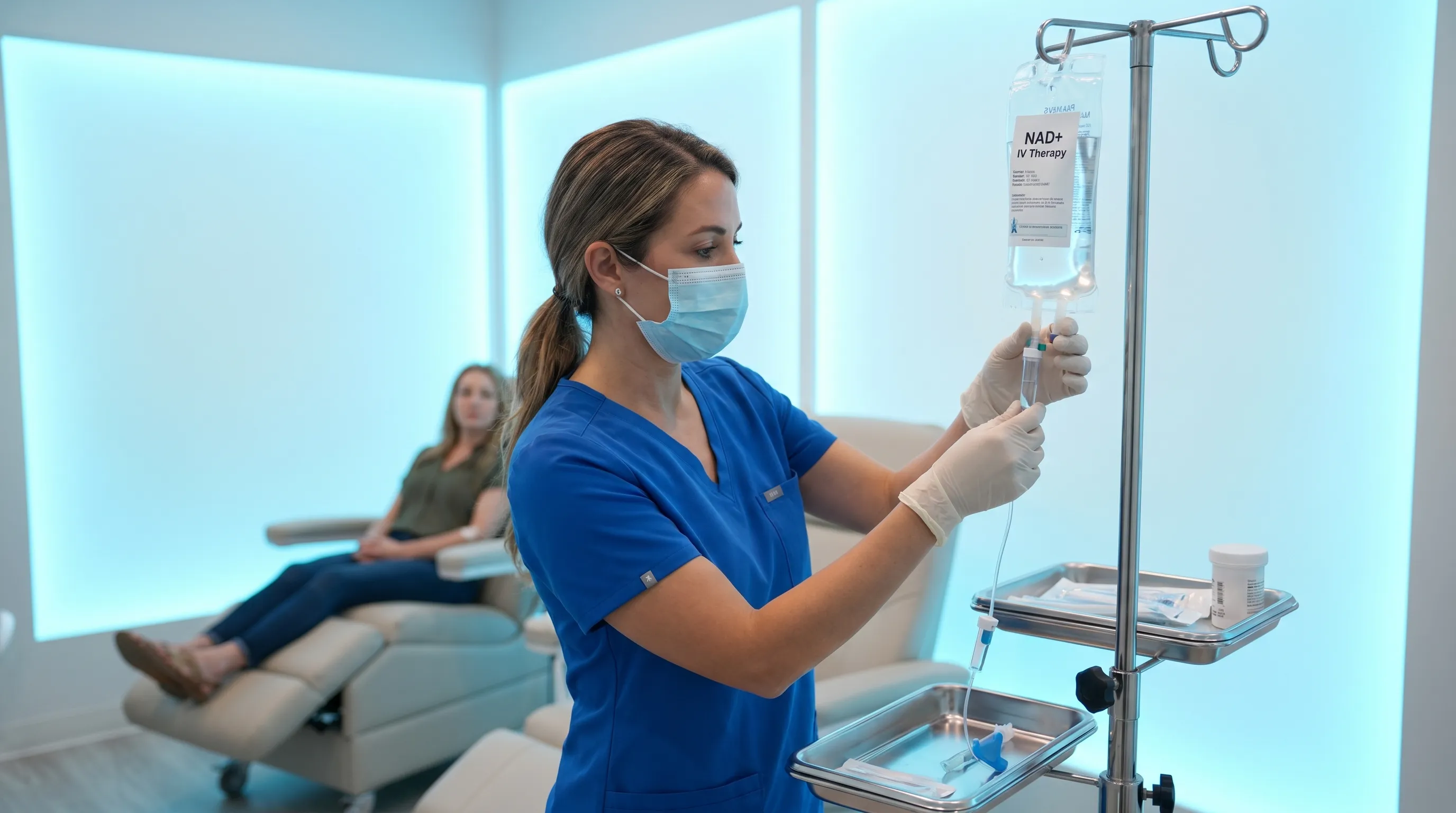 A professional medical consultation scene showing a healthcare provider preparing an NAD+ IV drip in a sterile, well-lit treatment room with soft blue lighting, emphasizing safety and clinical precision