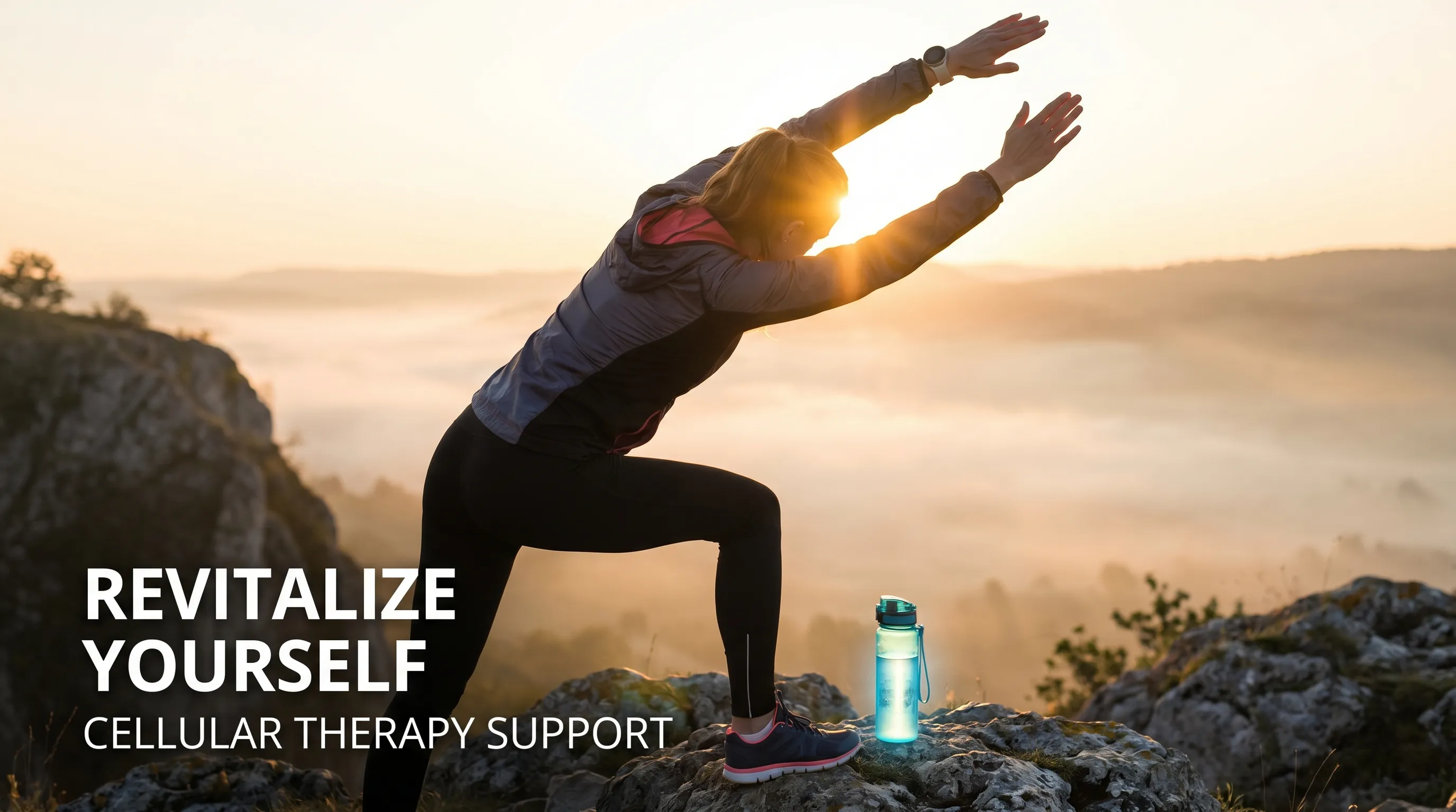An active lifestyle shot of a healthy individual in athletic wear stretching outdoors at sunrise, symbolizing enhanced energy, muscle recovery, and vitality from cellular therapy