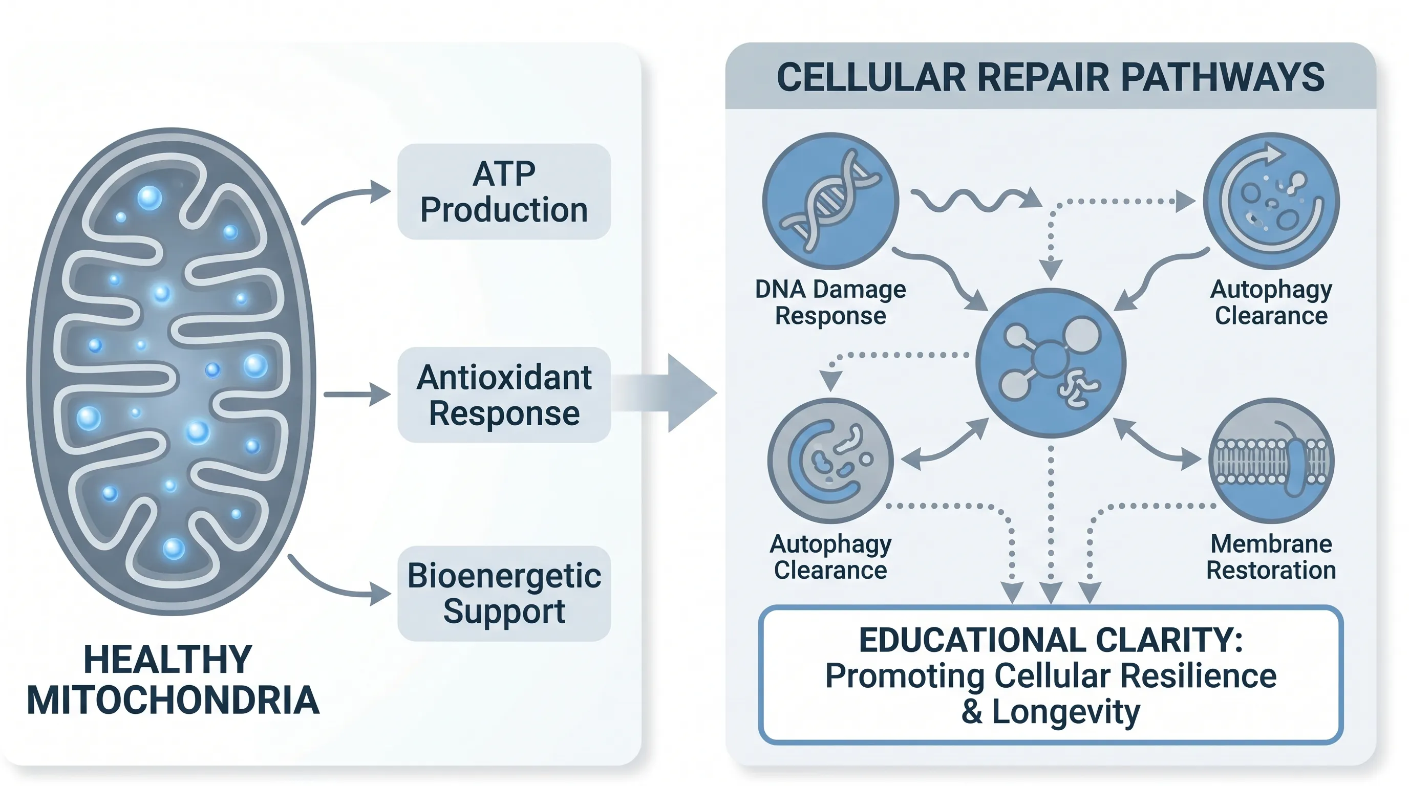 A close-up, scientifically styled infographic layout showing healthy mitochondria alongside cellular repair pathways, rendered in a clean blue and gray color palette for educational clarity