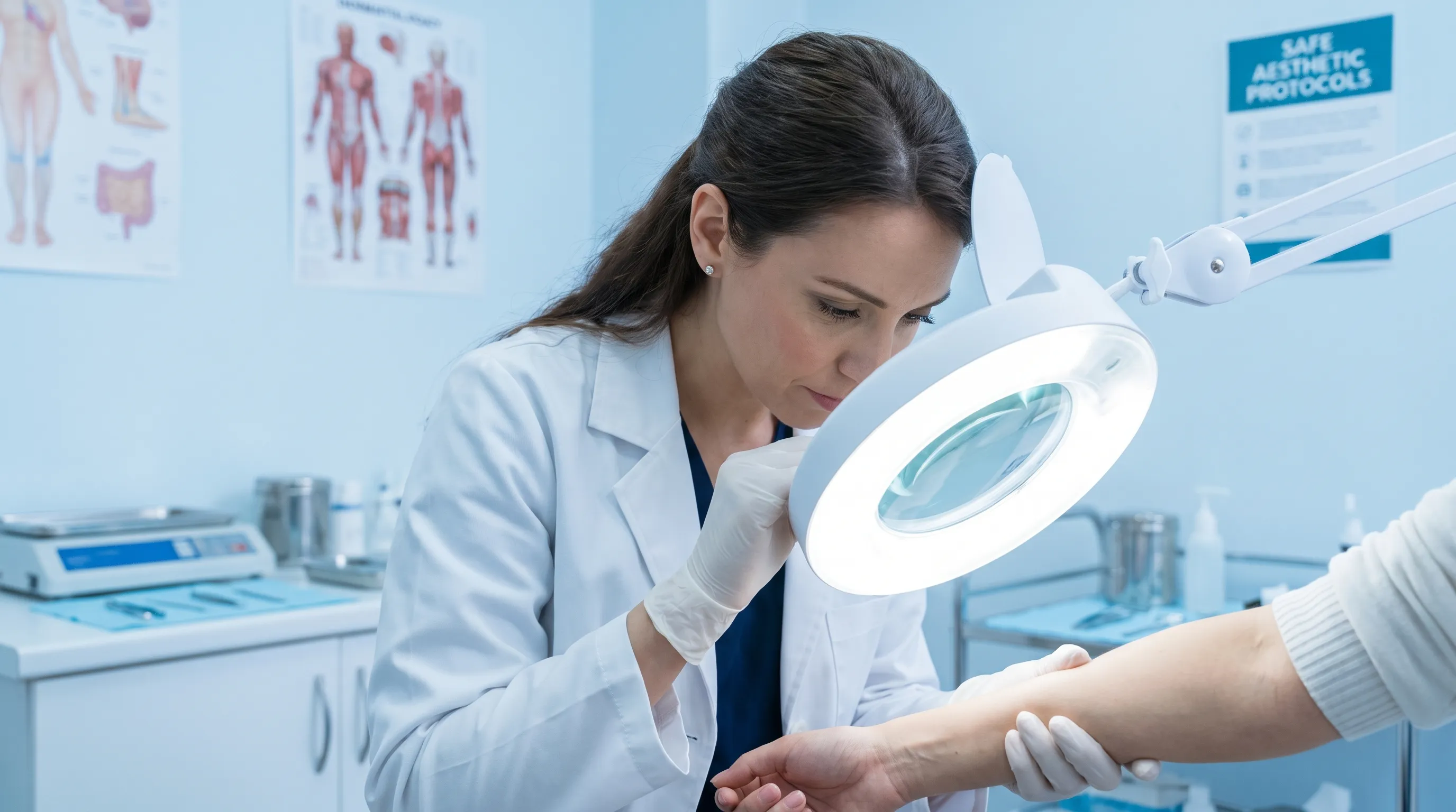A dermatologist preparing sterile waxing equipment and skin pre-treatment solutions in a clean, clinical spa environment