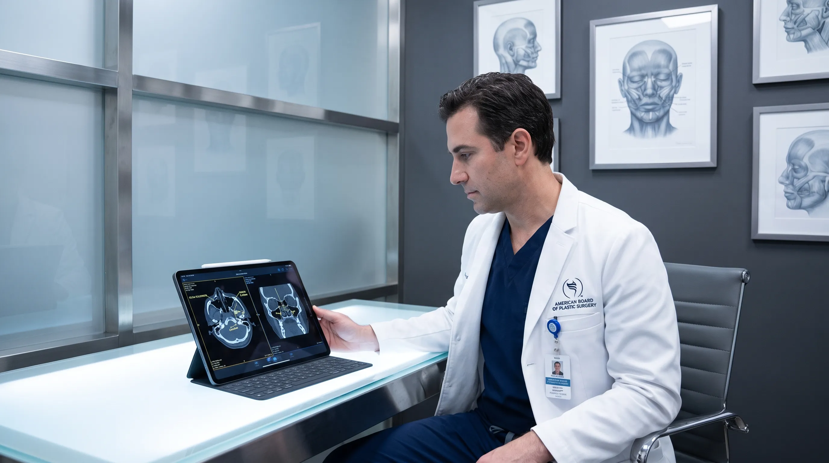 A board-certified plastic surgeon reviewing pre-operative surgical planning on a digital tablet, clean modern clinic environment with medical diagrams