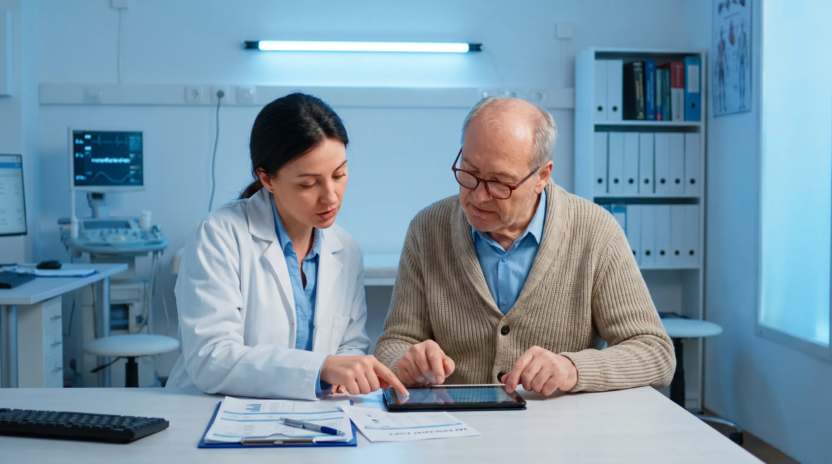 A clinical consultation scene showing a physician and an older patient reviewing medication charts together, with soft blue lighting, professional medical setting, photorealistic 4:3 style
