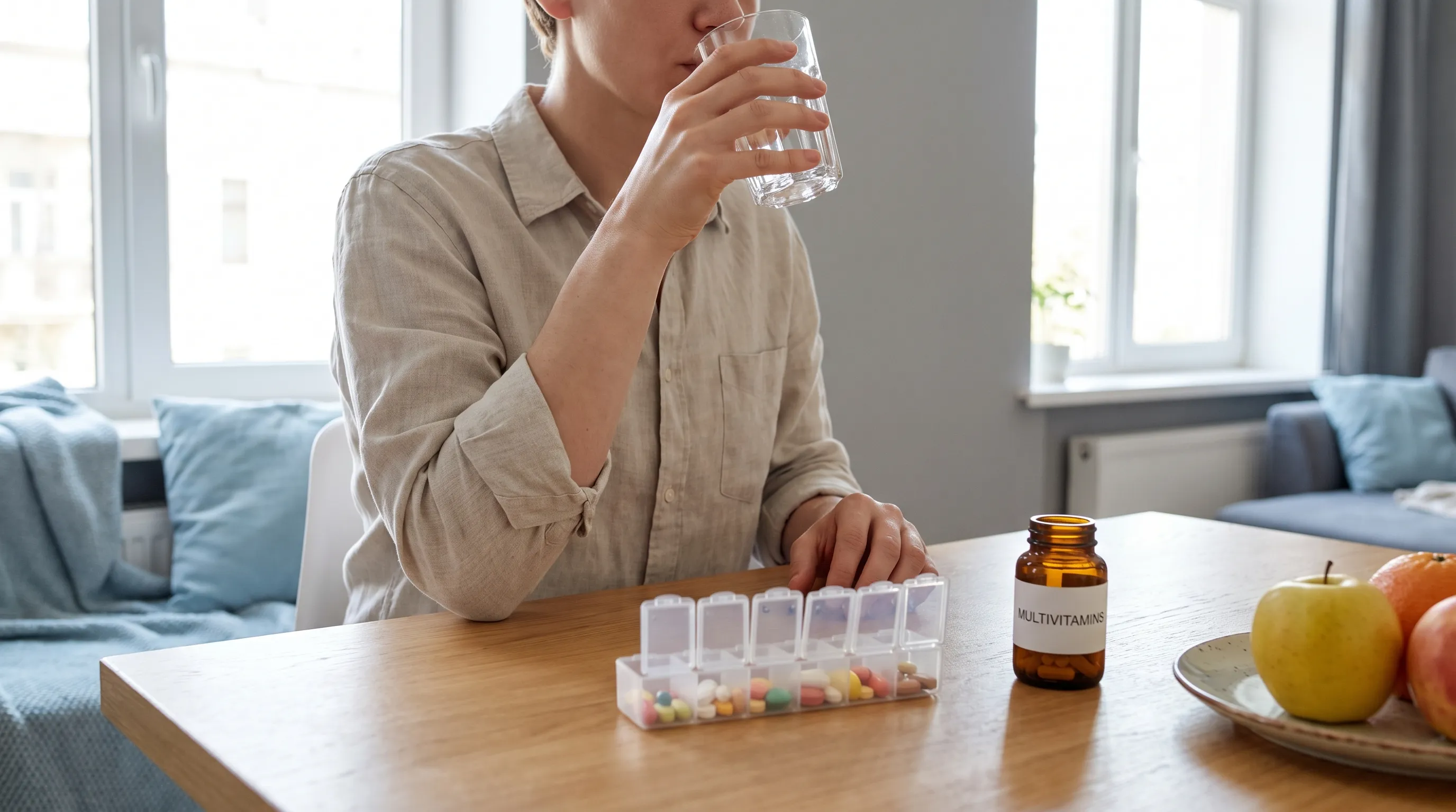 A wellness lifestyle image featuring a healthy adult drinking a glass of water next to a daily pill organizer and a small bottle of vitamins, bright natural lighting, minimalist blue and gray tones, 4:3 ratio