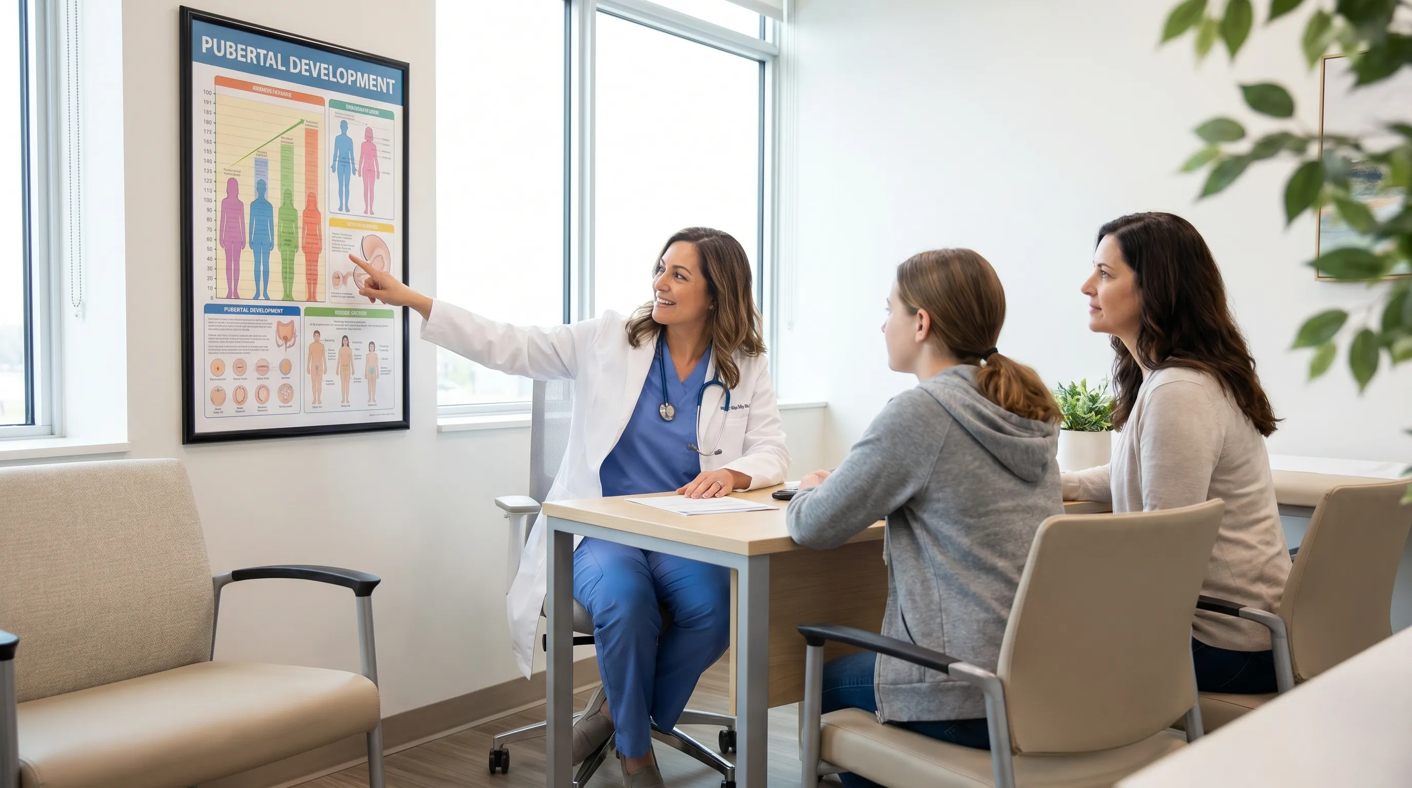 A compassionate healthcare provider explaining pubertal developmental charts to a teenage patient and her guardian in a bright, modern clinical office, neutral tones, professional medical photography style.